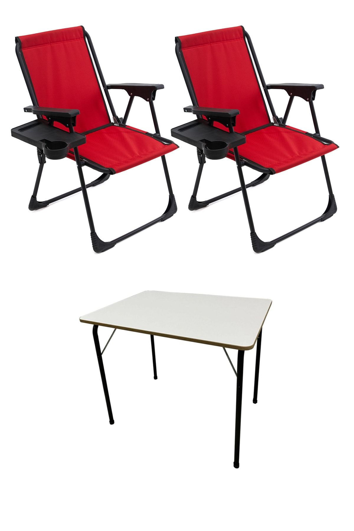 moniev Natura 2 Adet Kamp Sandalyesi Katlanır Sandalye Dikdörtgen Bardaklıklı Kırmızı Katlanır Mdf Masa