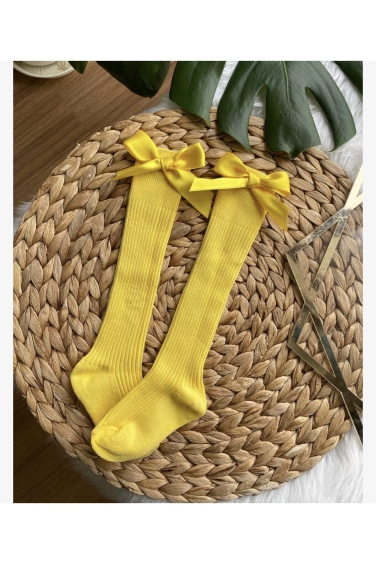 ArdenKids Sarı Kurdeleli Bebek Diz Altı Çorap