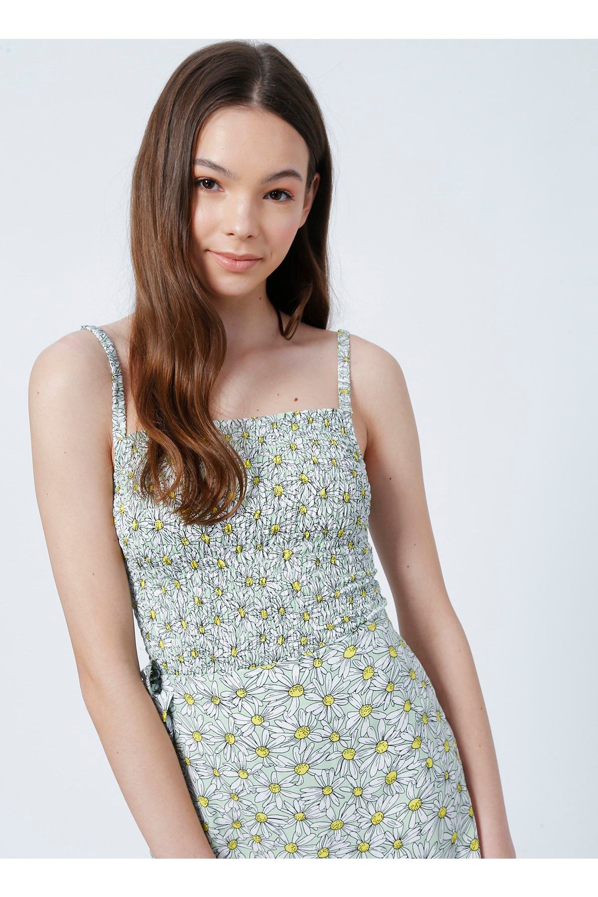LİMON COMPANY Limon Patso Kare Yaka Dar Kalıp Çiçek Desenli Mint Kadın Bluz
