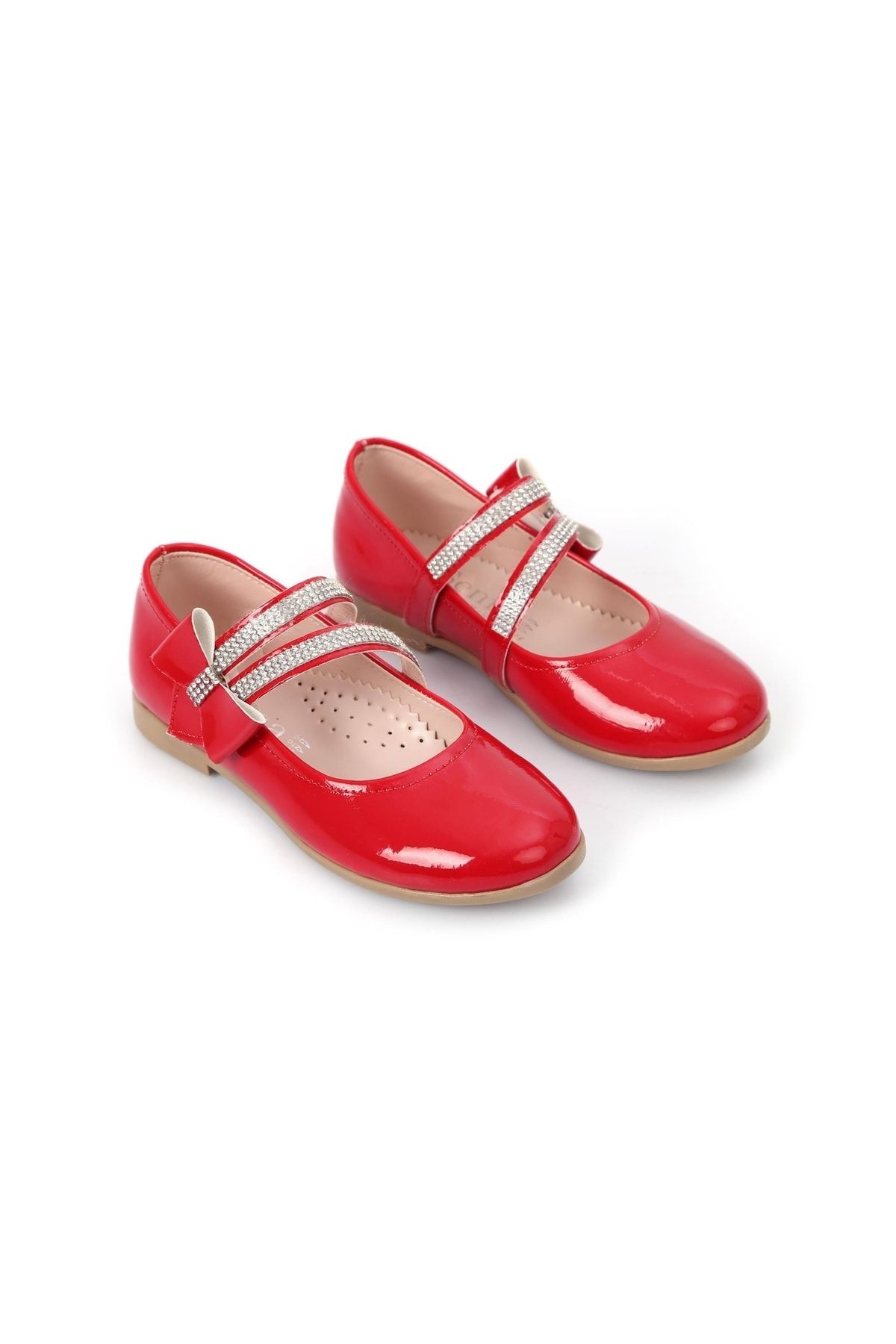 Mashotrend Kırmızı Parlak Babet Ayakkabı - Gri Kemerli Kız Çocuk Abiye Ayakkabı - Kız Çocuk Gösteri Ayakkabısı
