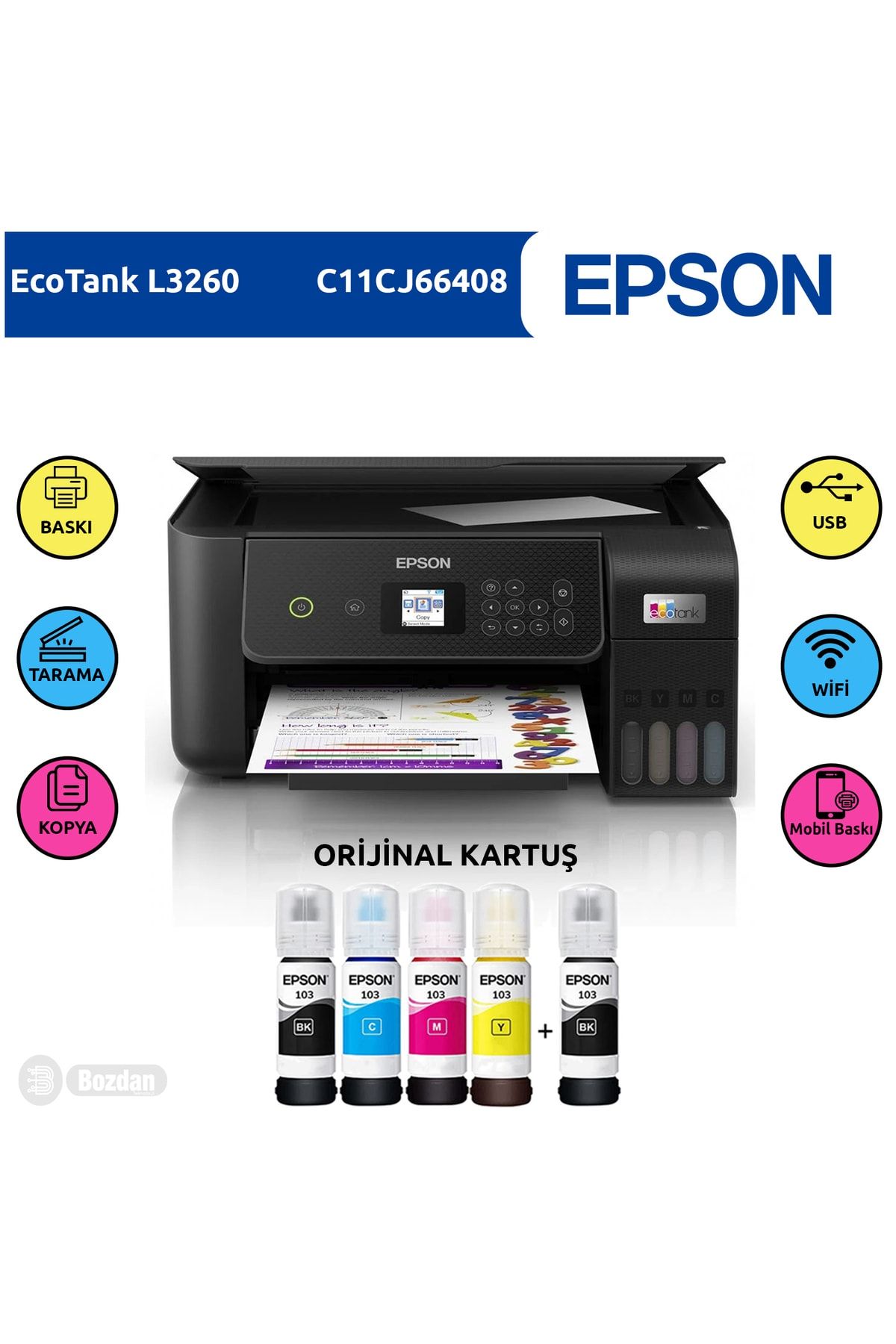 Epson Ecotankl3260 Renkli Tanklı Yazıcı Baskı-tarama-kopya(usb,wifi)+orijinal 4x65ml+1 Mürekkep