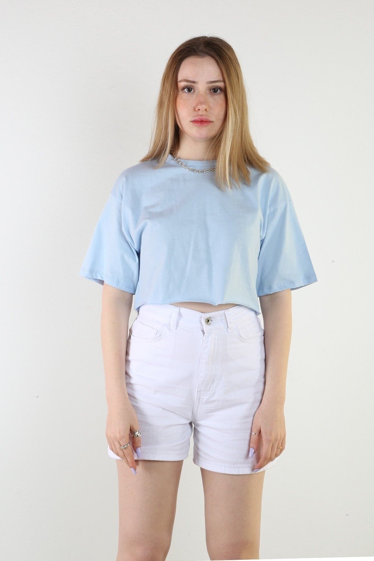 World Kadın Mavi %100 Pamuk Bisiklet Yaka Örme Oversize Crop T-shirt
