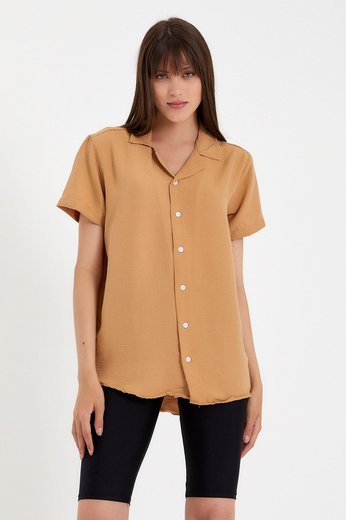 Tarz Cool Kahverengi Kadın Unisex Baskılı Kısa Kol Gömlek-kdnyzgmlr201xl