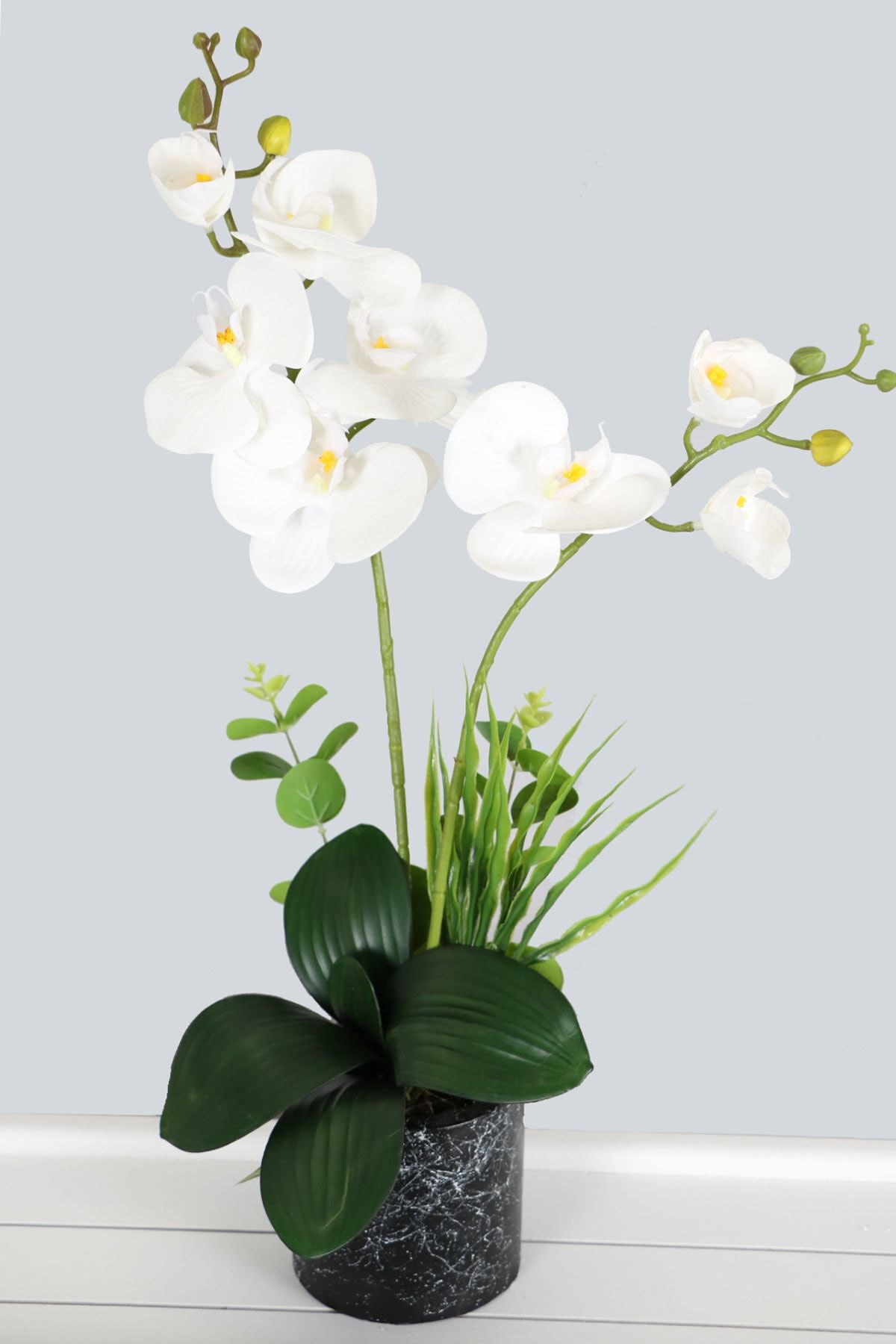Yapay Çiçek Deposu Mermer Desenli Saksıda Mini Yapay Islak Orkide Tanzimi 52 Cm Beyaz