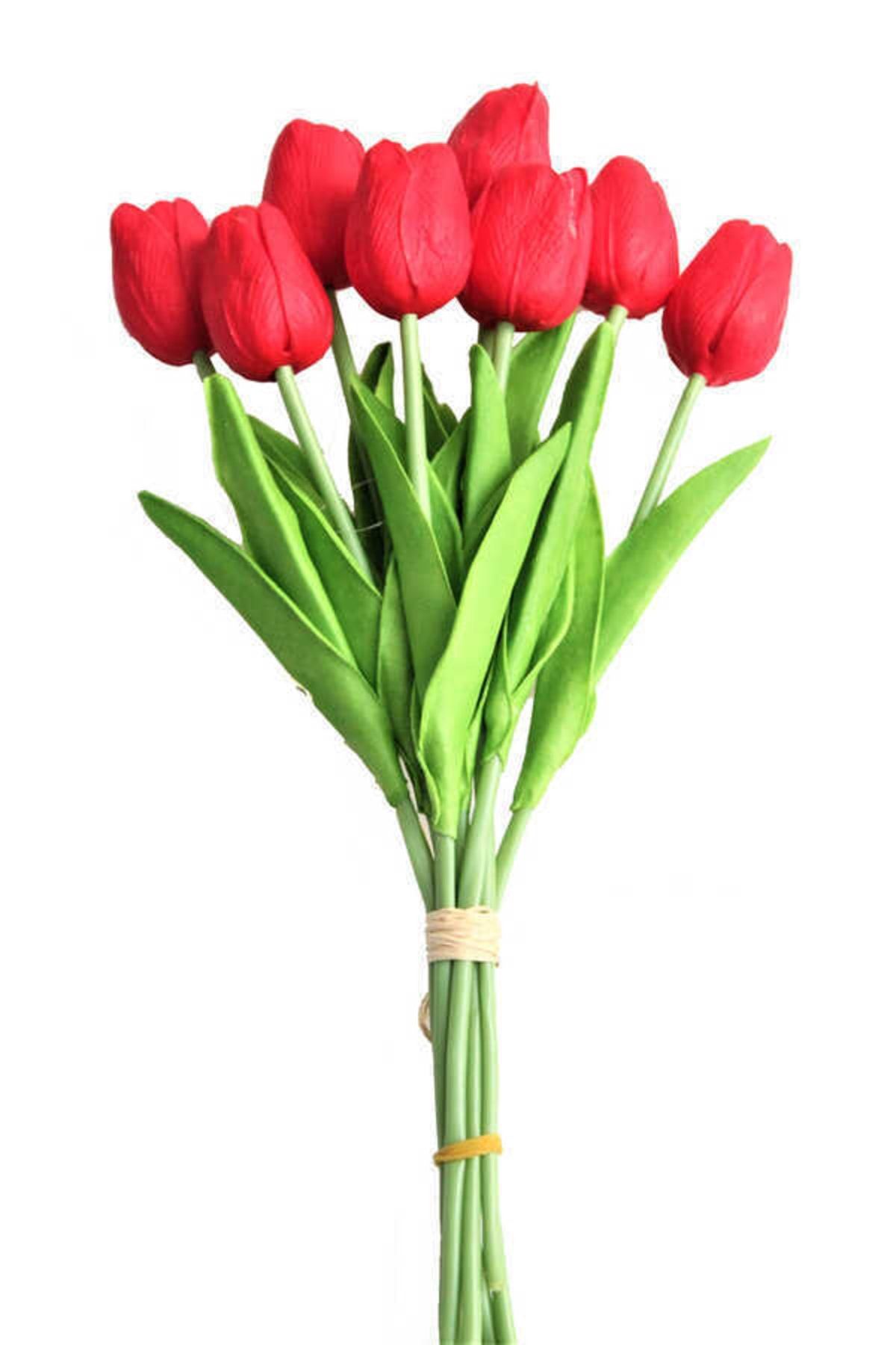 Yapay Çiçek Deposu Yapay 8li Islak Lale Buketi Gerçek Doku Kırmızı