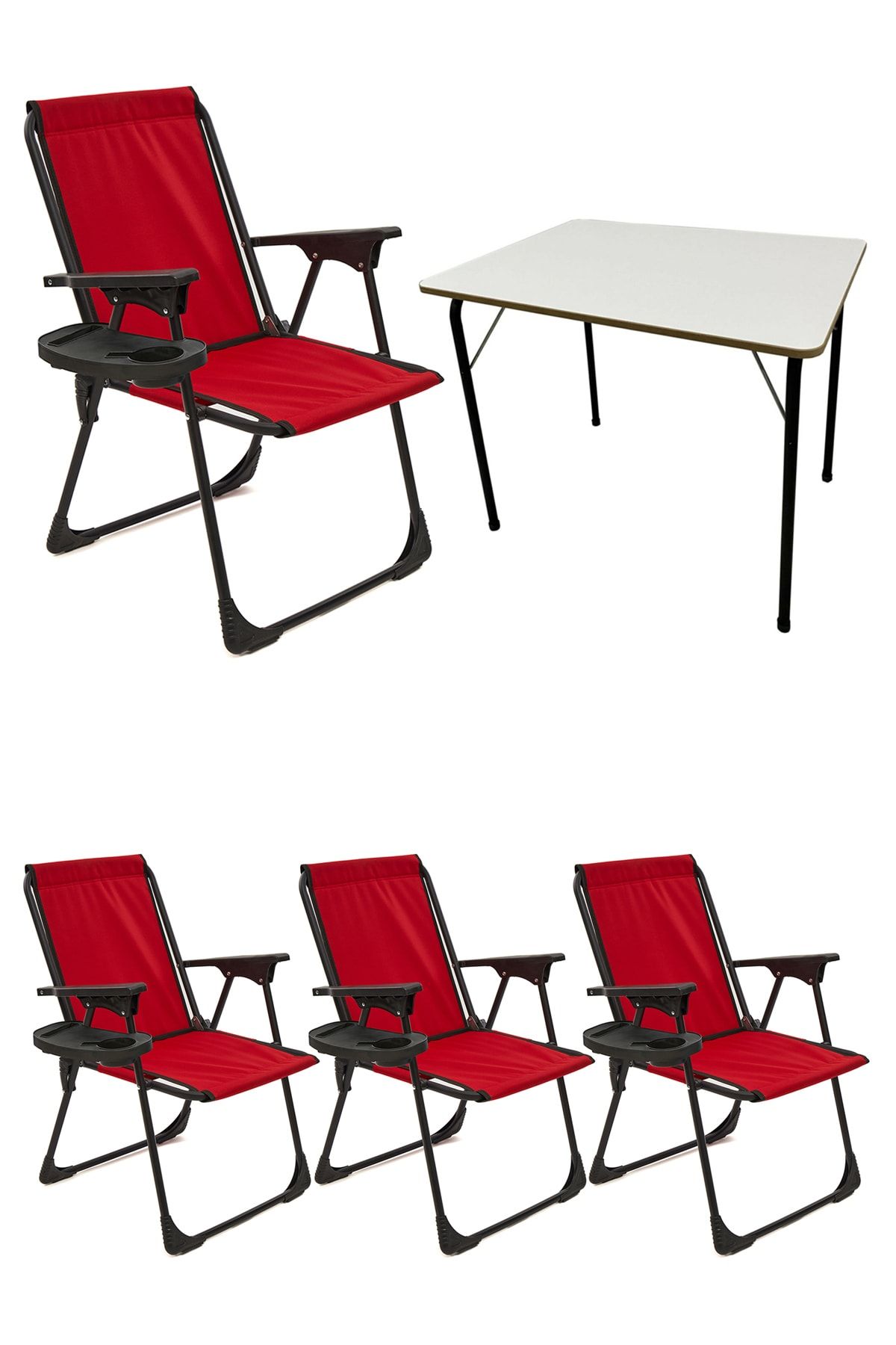 moniev Natura 4 Adet Kamp Sandalyesi Katlanır Piknik Sandalye Oval Bardaklıklı Kırmızı Katlanır Mdf Masa