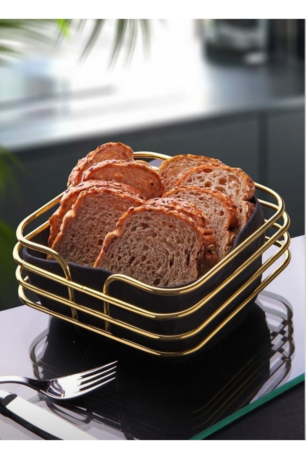 Melance Kare Metal Gold Ekmeklik Siyah Kumaş Lux Dekoratif Ekmek Sepeti