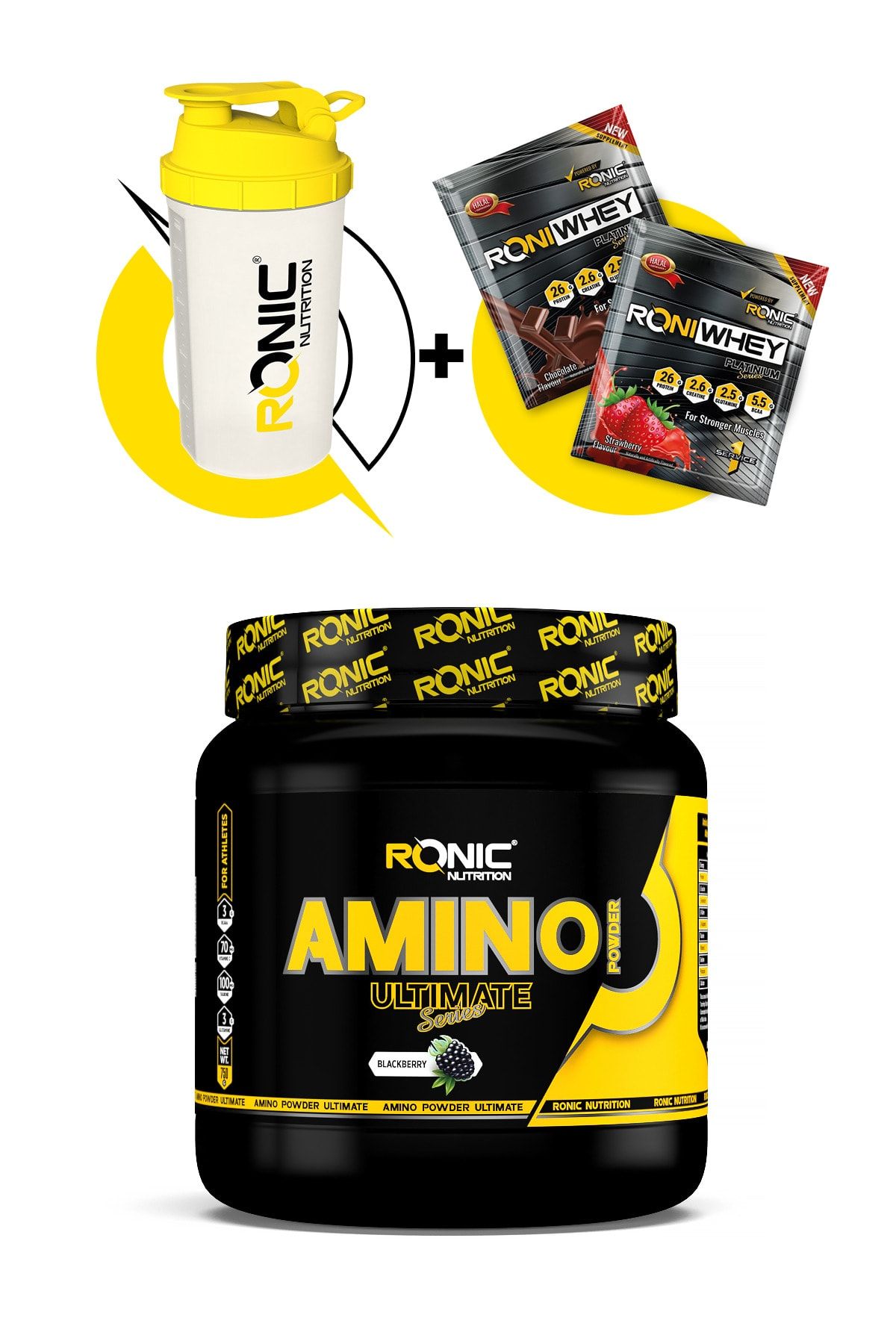 Ronic Nutrition Amino Powder 750 G (BÖĞÜRTLEN AROMALI) Shaker Ve 2 Adet Tek Kullanımlık Whey Hediye