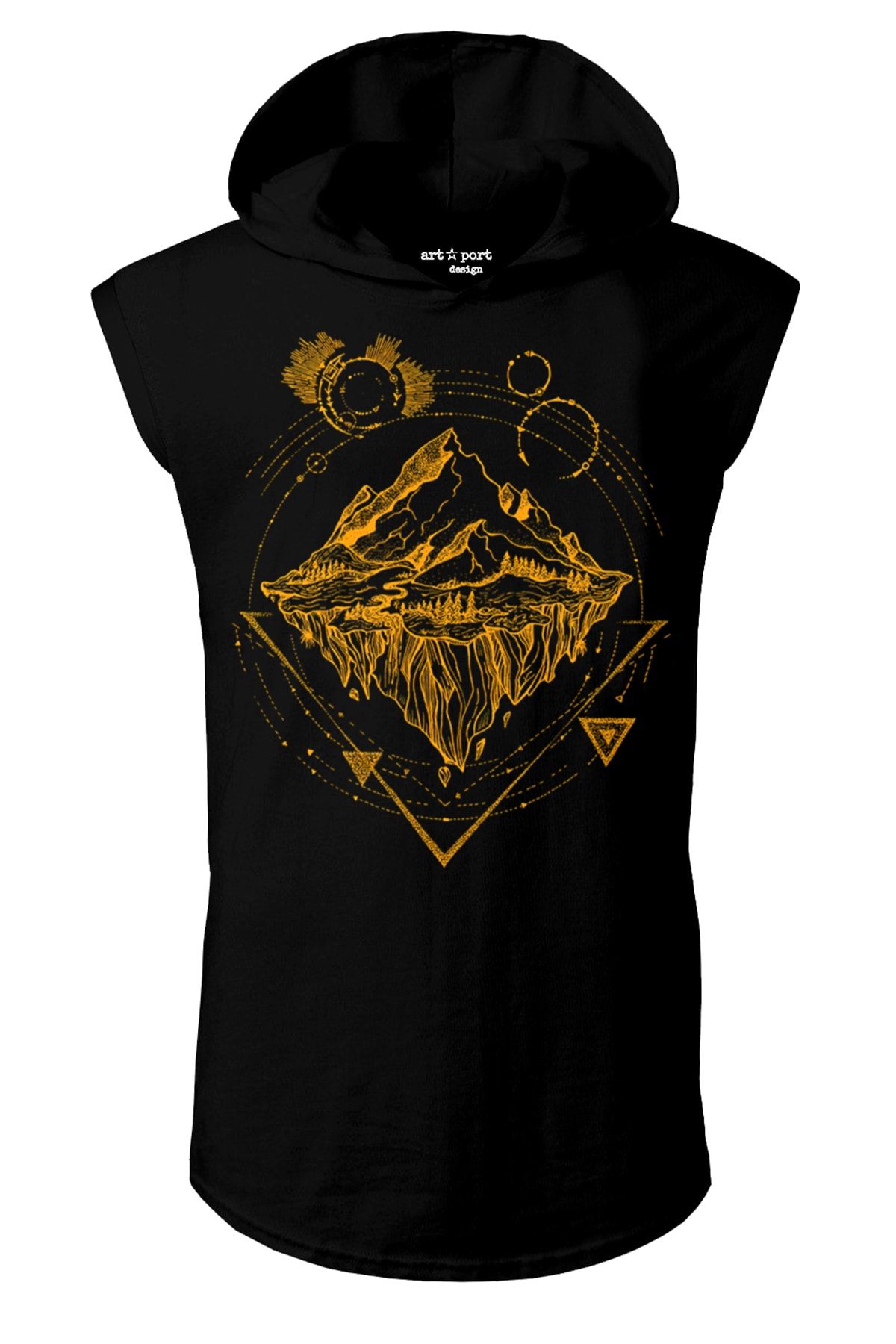 Artaport Design Unisex Siyah Traveler Tasarım Kapşonlu Kolsuz T-shirt