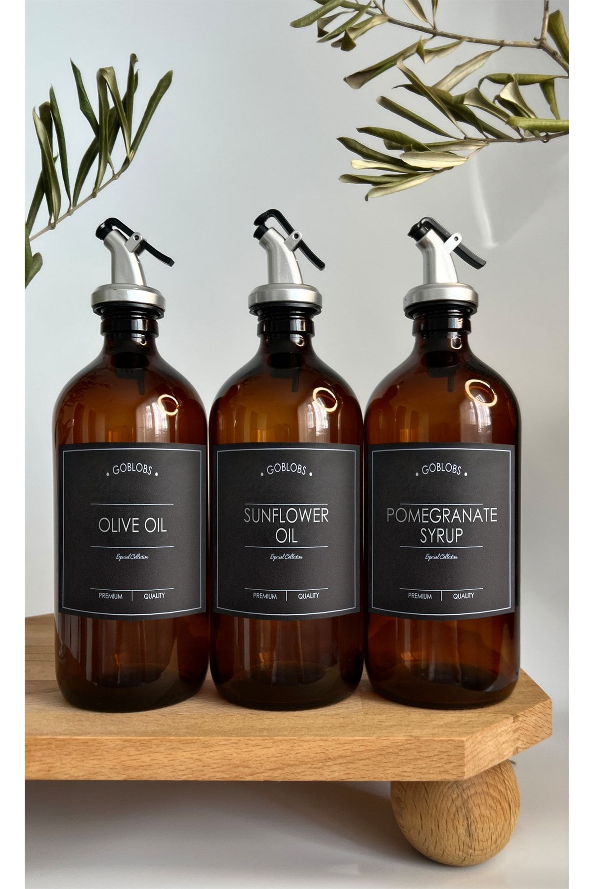 GO BLOBS Amber Cam Şişe 3' Lü 500ml Olive Oil & Sunflower Oil & Pomegranate Syrup Siyah Etiketli Sosluk