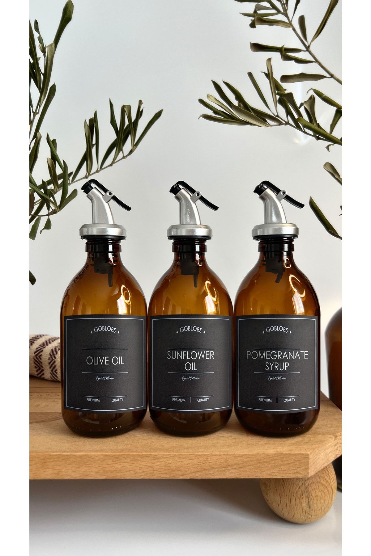 GO BLOBS Amber Cam Şişe 3' Lü 300ml Olive Oil & Sunflower Oil & Pomegranete Syrup Siyah Etiketli Sosluk