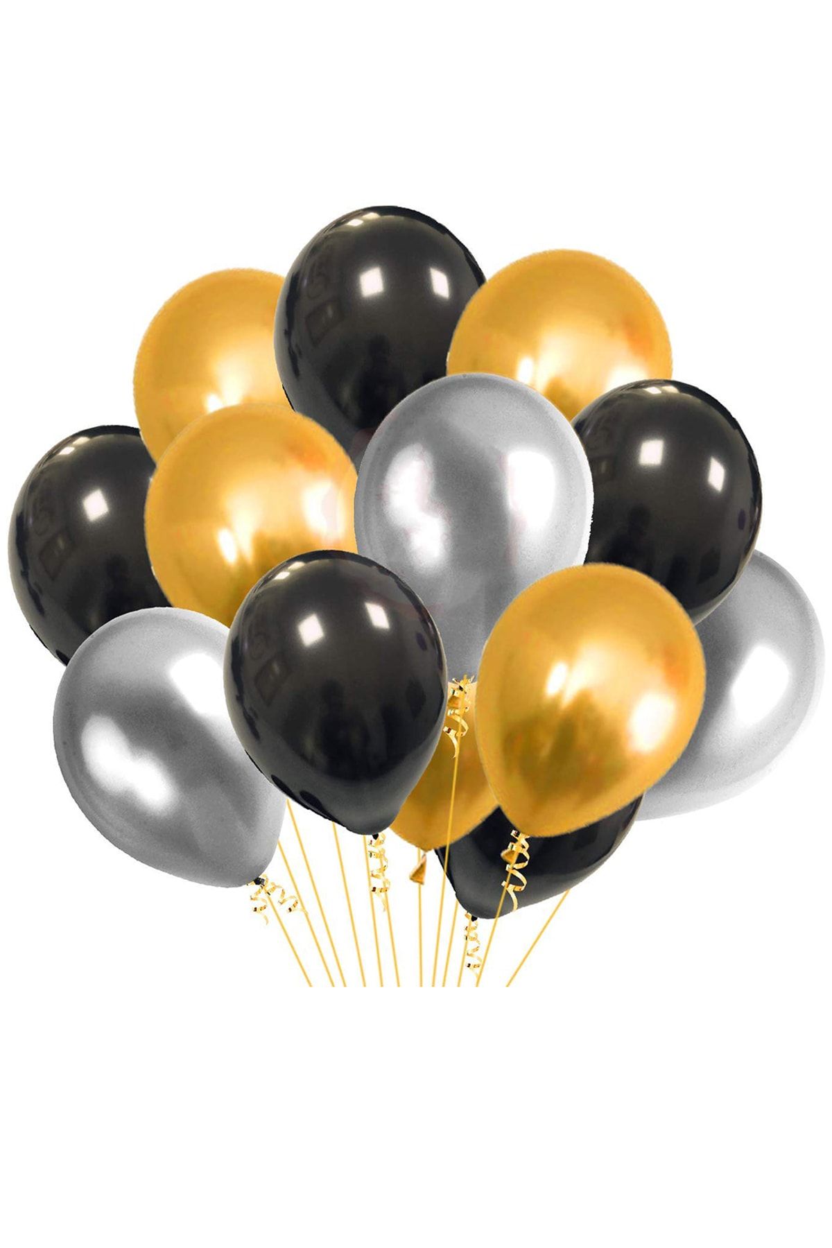 Parti Dolabı 12li Metalik 4 Siyah, 4 Gümüş Gri, 4 Gold Altın Sarısı Parlak Balon Buketi Helyumla Uçan