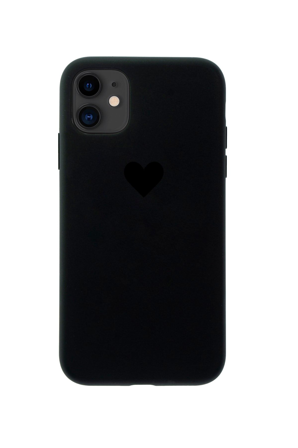 butikcase Iphone 12 Tek Kalp Siyah Tasarımlı Siyah Telefon Kılıfı
