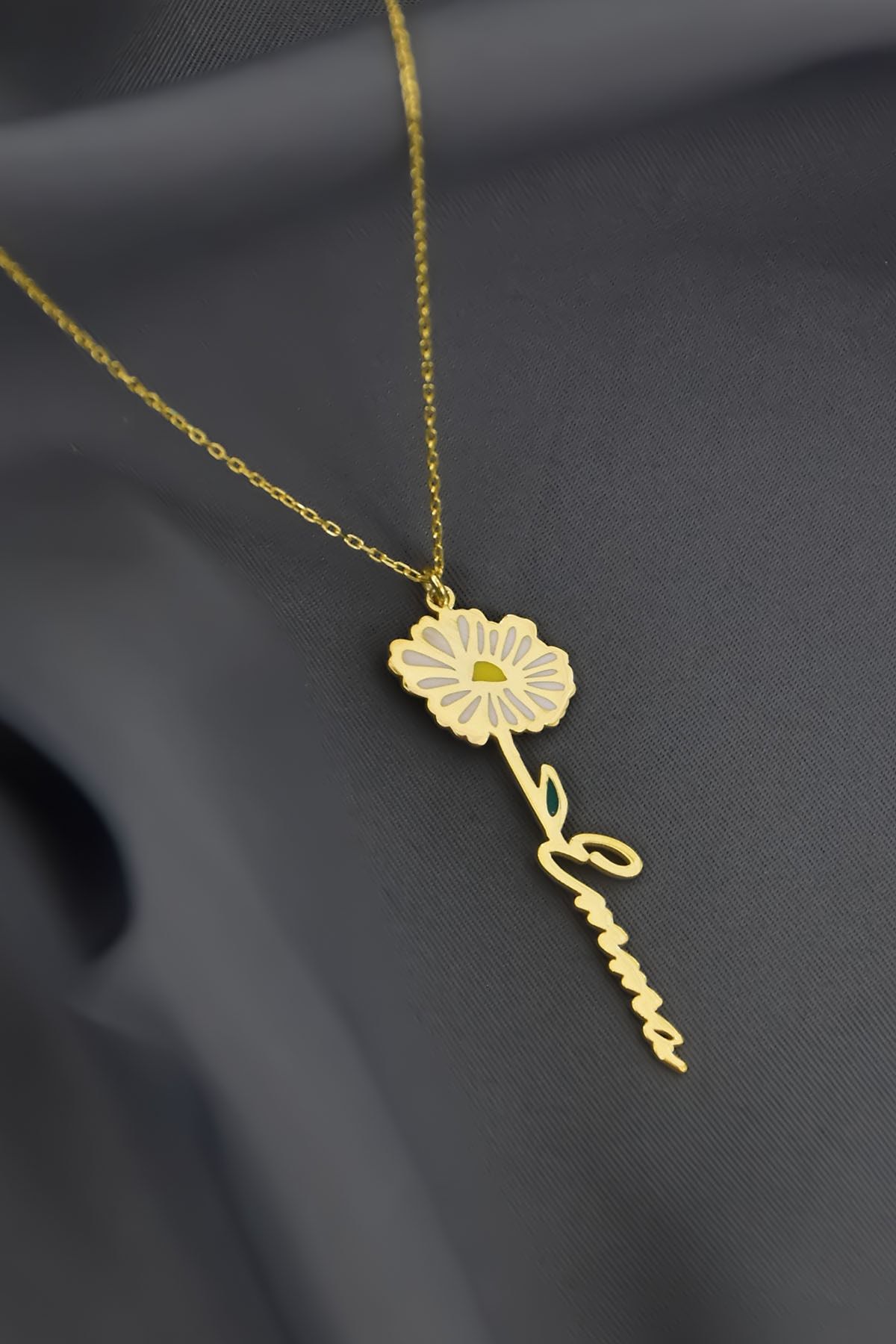 Papatya Silver 925 Ayar Gümüş Gold Kaplama Özel Tasarım Mineli Doğum Nisan Ayı Çiçeği, Isim Kolye