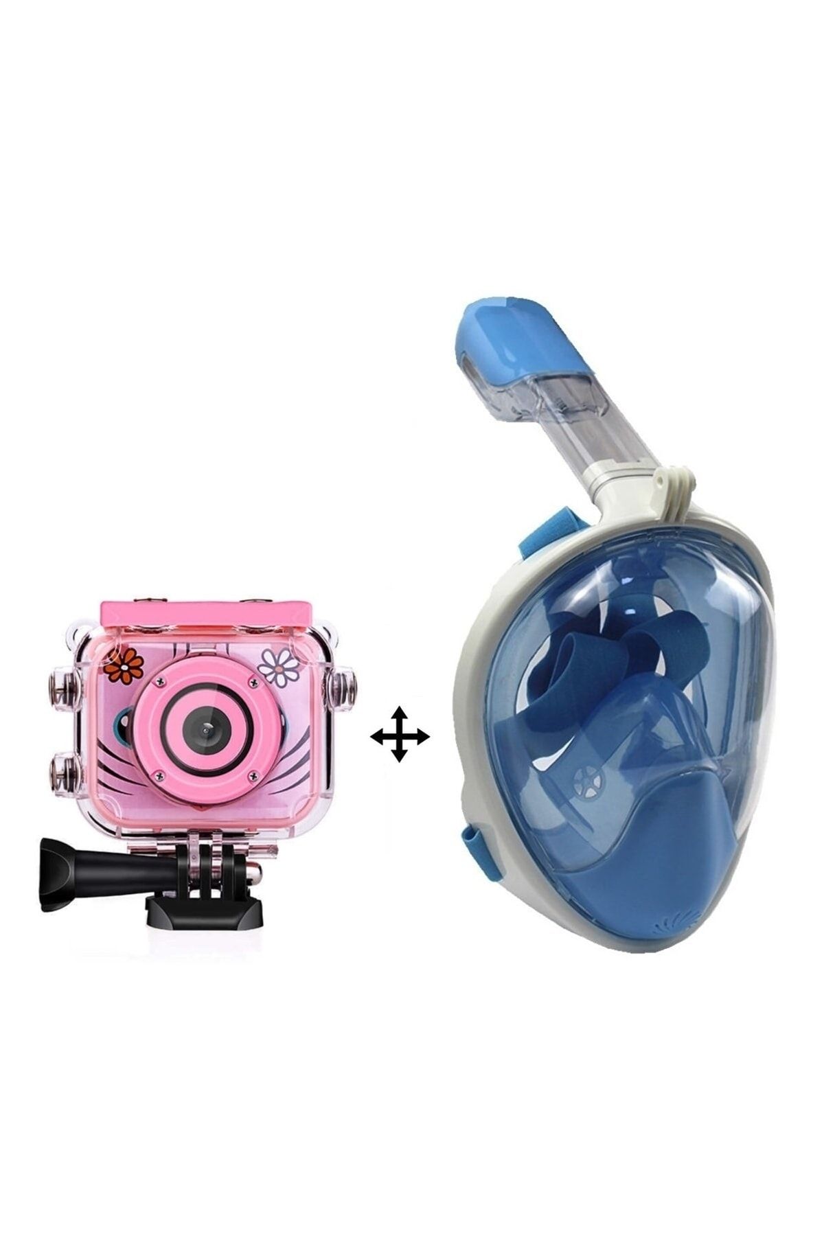 whitetech Şnorkel Full Face Mavi Dalış Maskesi + 1080p Su Altı Çocuk Aksiyon Kamerası