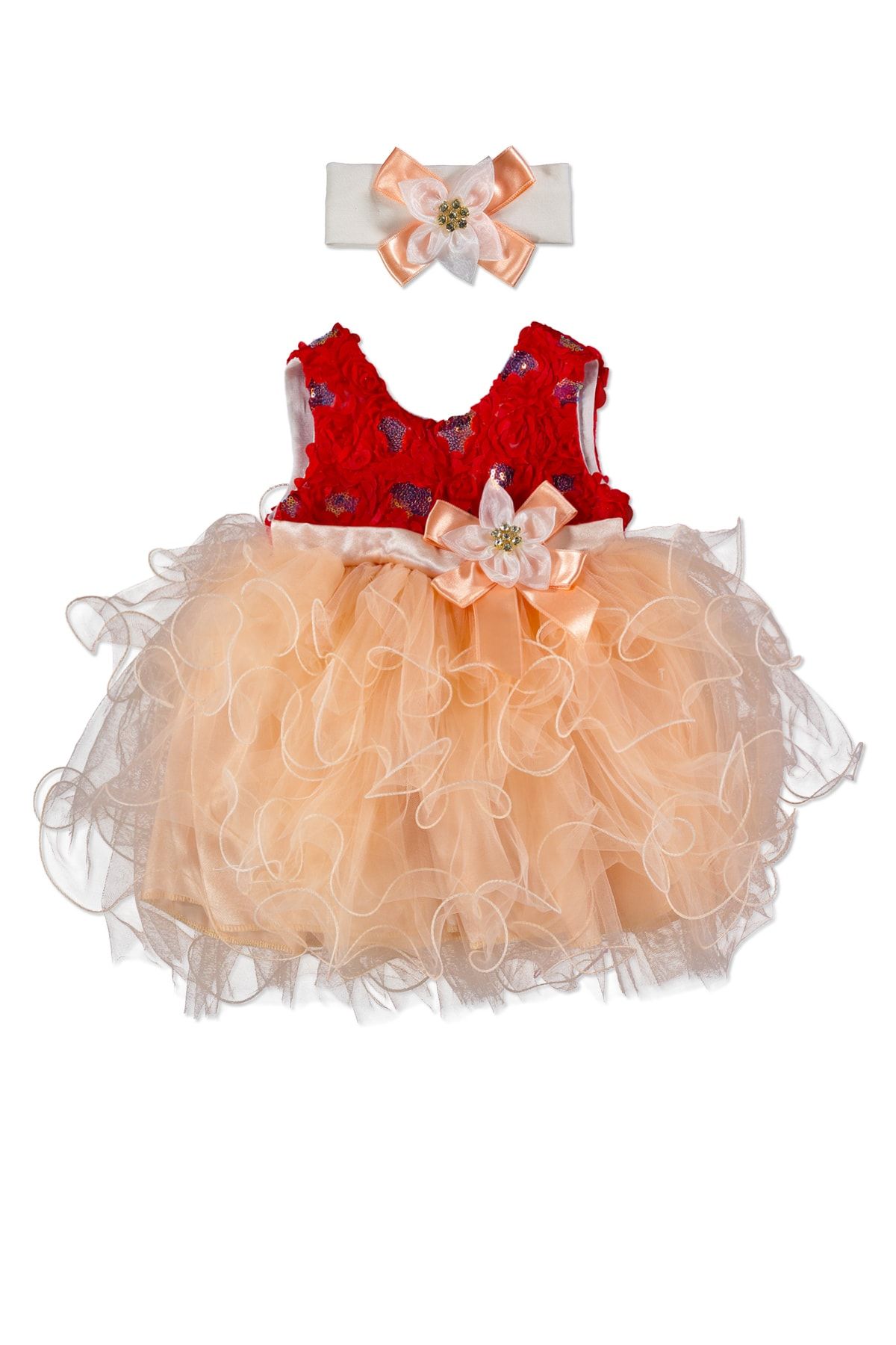 hepbaby Kız Bebek Çiçekli Özel Gün Elbisesi, Somon – Saç Bandı
