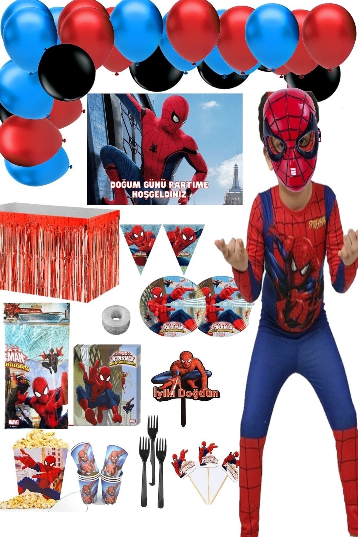 Parti Selesi Spiderman Kostüm Ve Lüks Doğum Günü Kutlama Seti 8 Kişilik - Örümcek Adam Kostüm