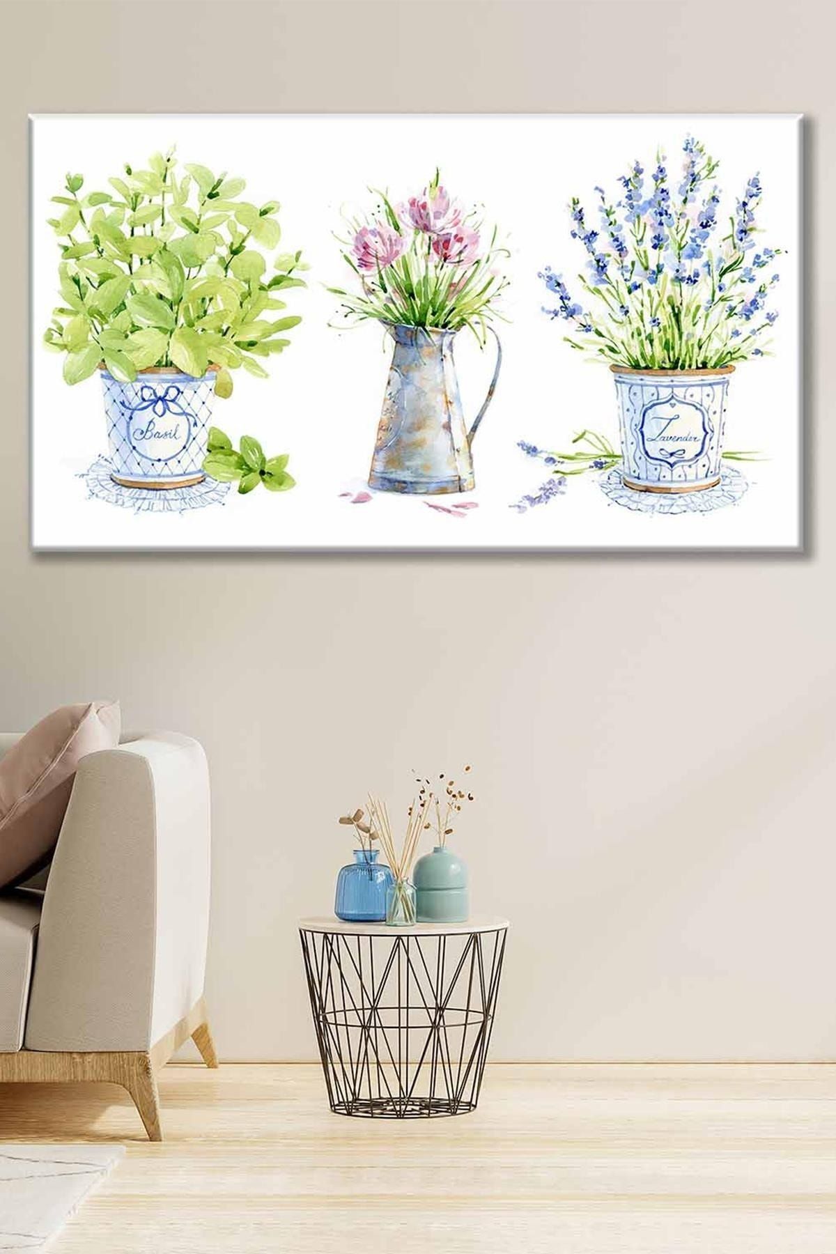 Fupe Shop Mavi Beyaz Vazolarda Çiçekler Sulu Boya Efektli Art Kanvas Tablo 2221845