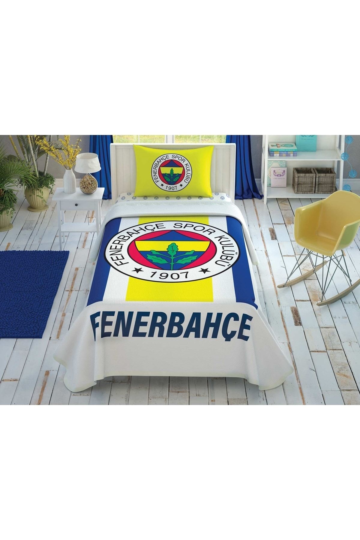 Fenerbahçe Taç Lisanslı Sarı Lacivert % 100 Pamuk Tek Kişilik Pike Takımı 100x200 Cm Çarşaflı