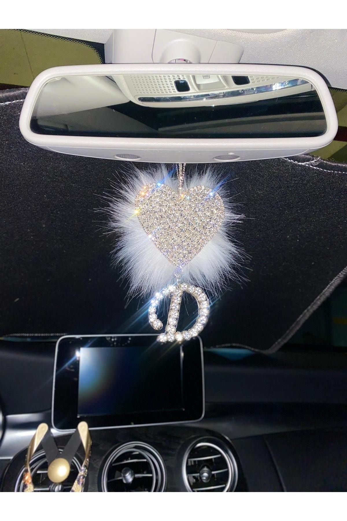 Arabasına Aşıklar Kulübü Swarovski Taşlı Kalp Kolyeli Harfli Dikiz Aynası Süsü