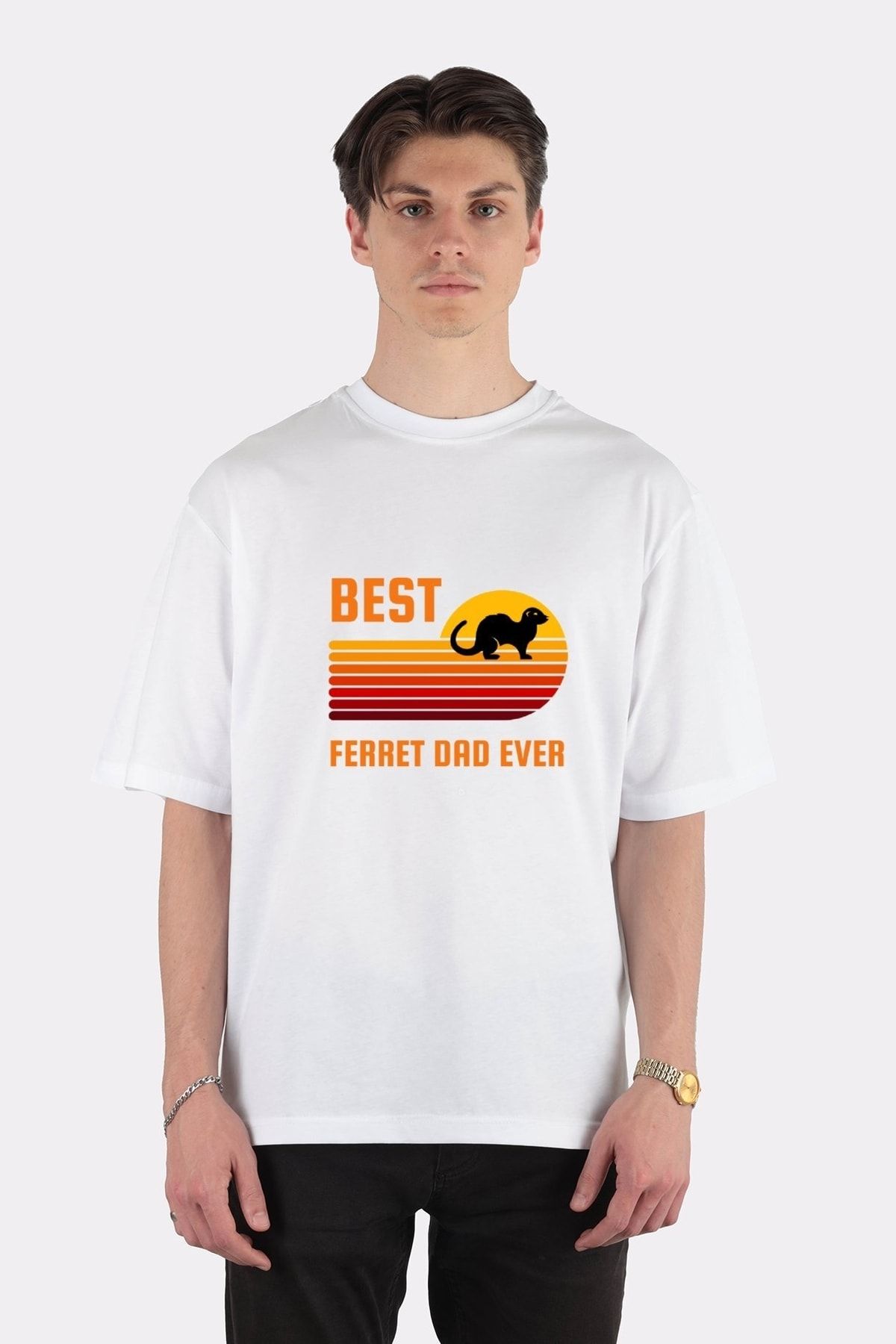 GreenMint Unisex Beyaz Oversize T-shirt Retro Sunset Vintage Best Ferret Dad Ever
