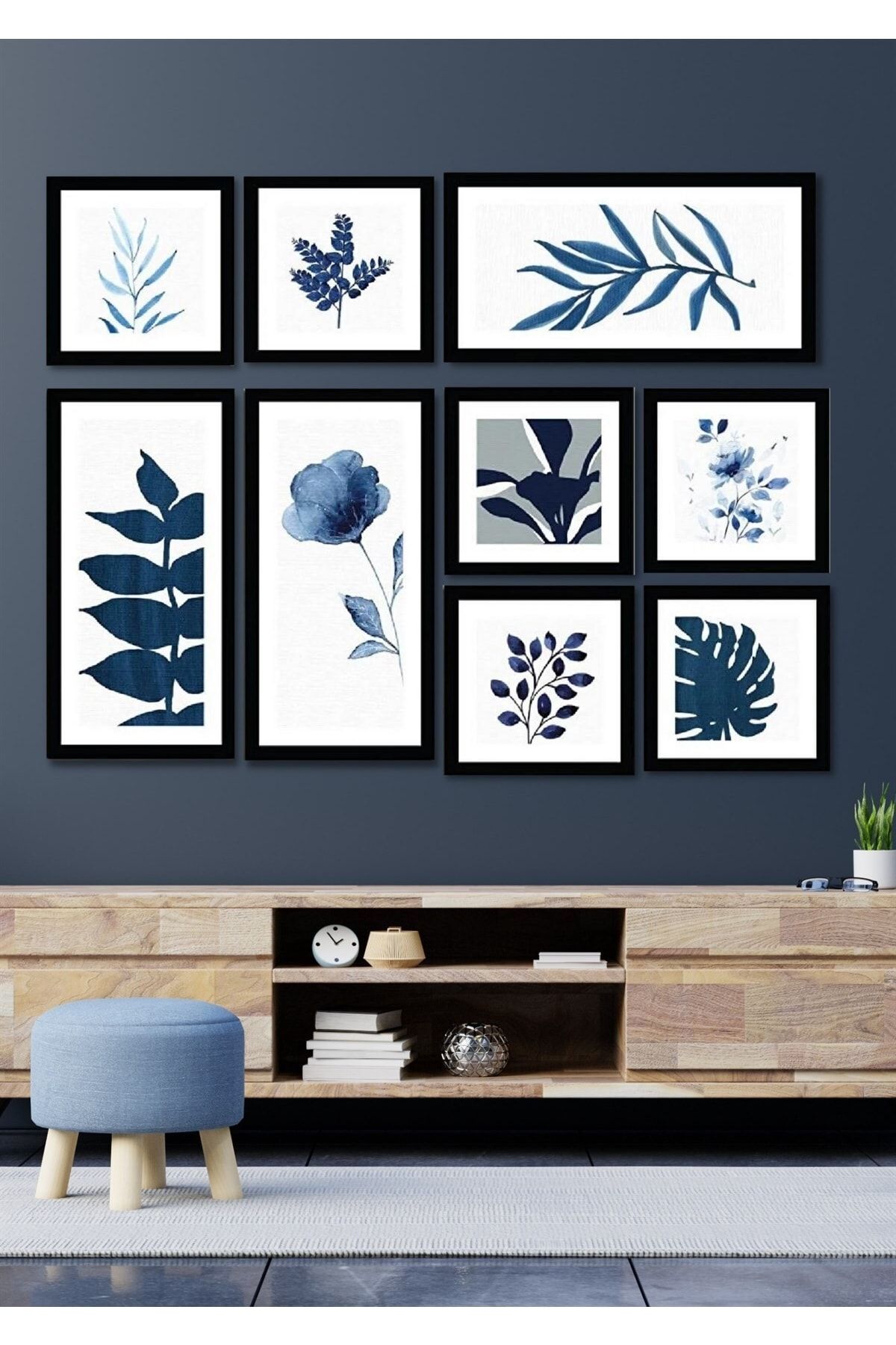 NT Handmade 9 Parça Ahşap Duvar Dekoru - Mavi Yapraklar Salon Oturma Yatak Odası Mutfak Antre Için Tablo Seti