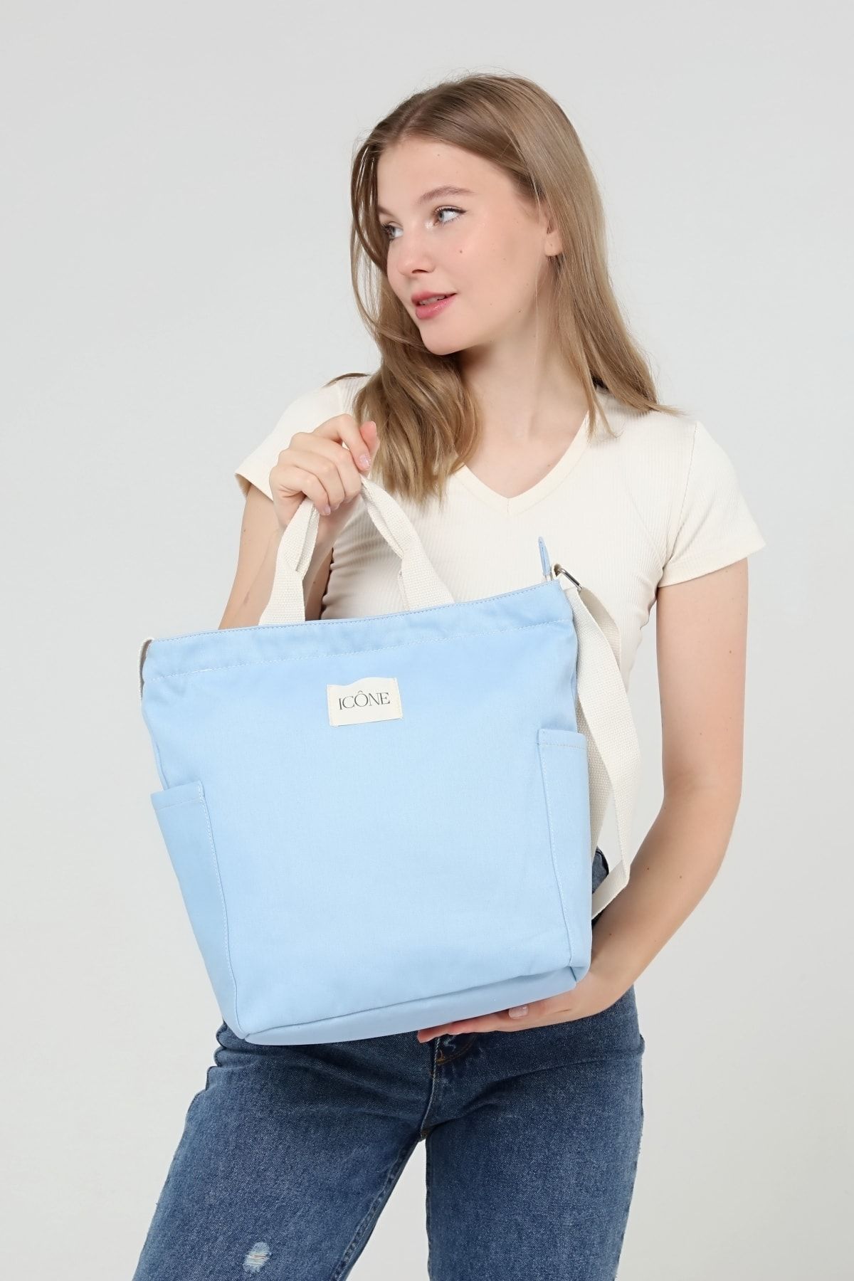 ICONE BAG Mavi Renk Kadın Çantası, Yanları Cepli Kanvas Bez Çanta, Ayarlanabilir Kolon Askılı Ve Fermuarlı