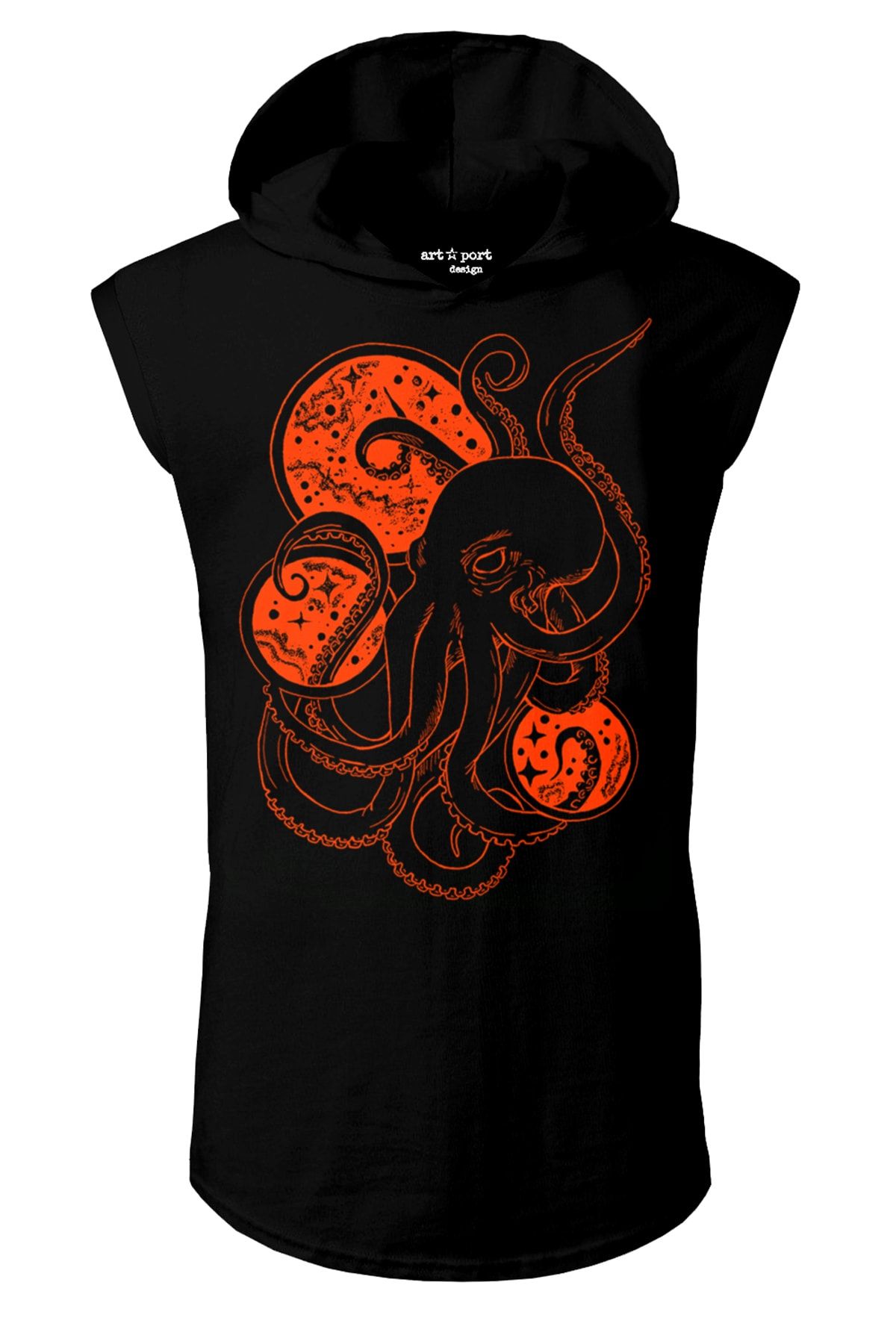Artaport Design Siyah Ahtapot Tasarım Kapşonlu Kolsuz T-shirt