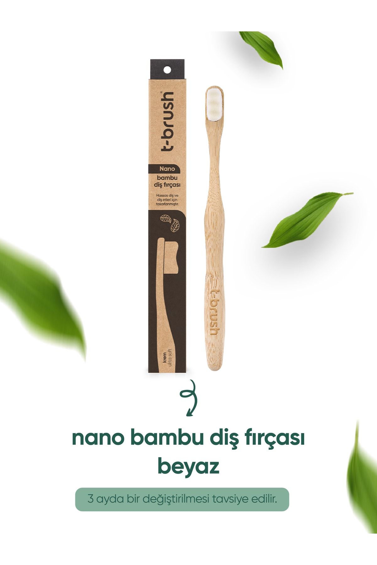 TBRUSH Nano Vegan Bambu Diş Fırçası - Ultra Soft (Hassas Dişler için) - Beyaz Renk - Plastiksiz