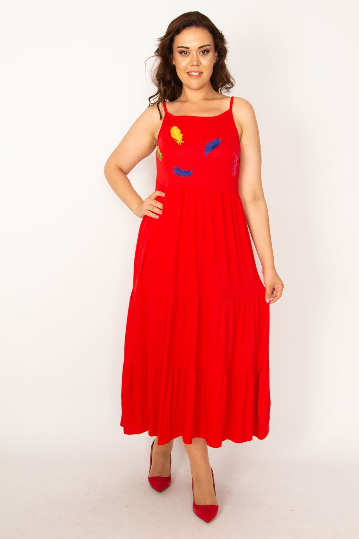 Şans Kadın Büyük Beden Kırmızı Aplikeli Kat Kat Askılı Elbise 65n33474