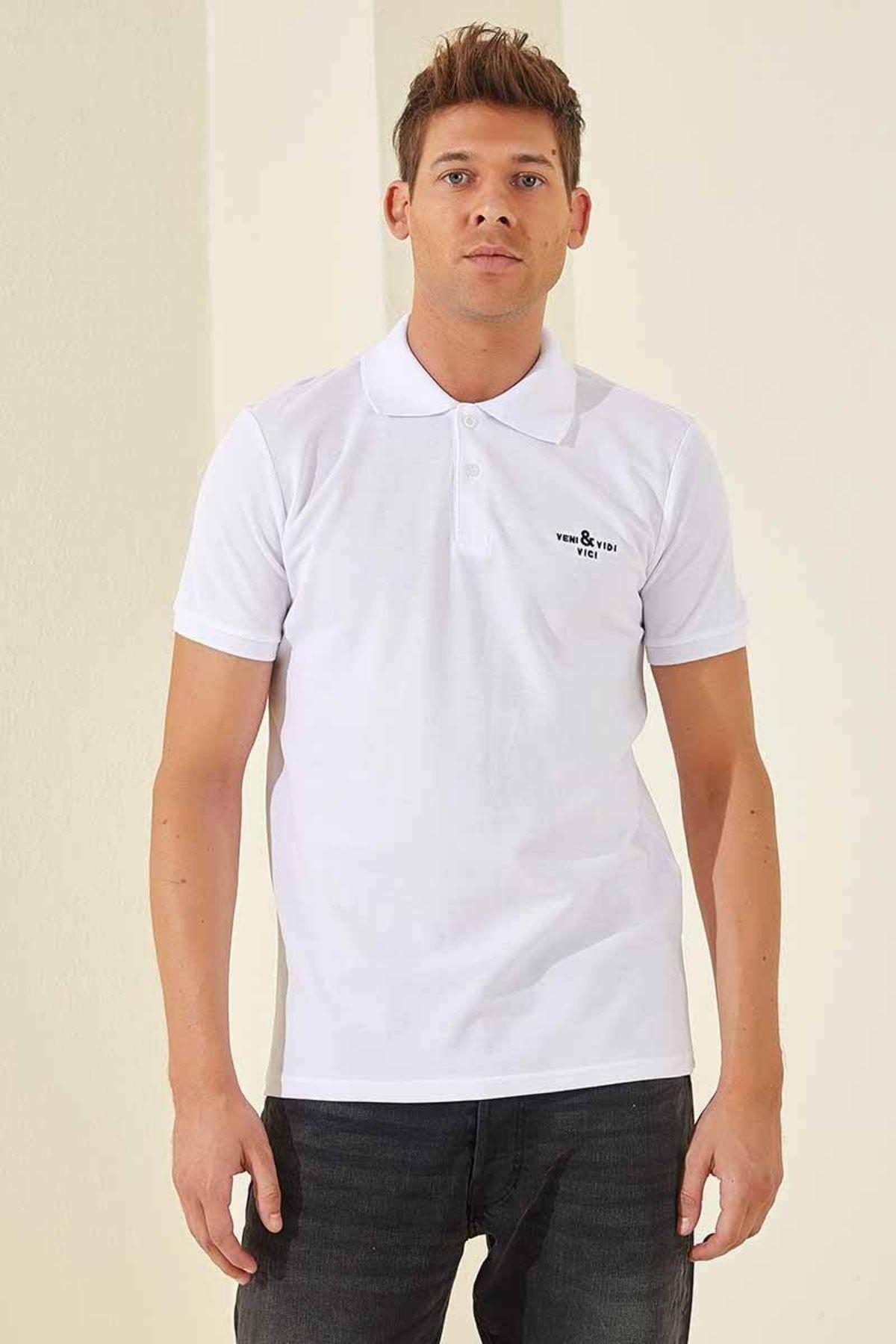 TOMMY LIFE Beyaz Klasik Kısa Kol Standart Kalıp Polo Yaka Erkek T-shirt - 87787