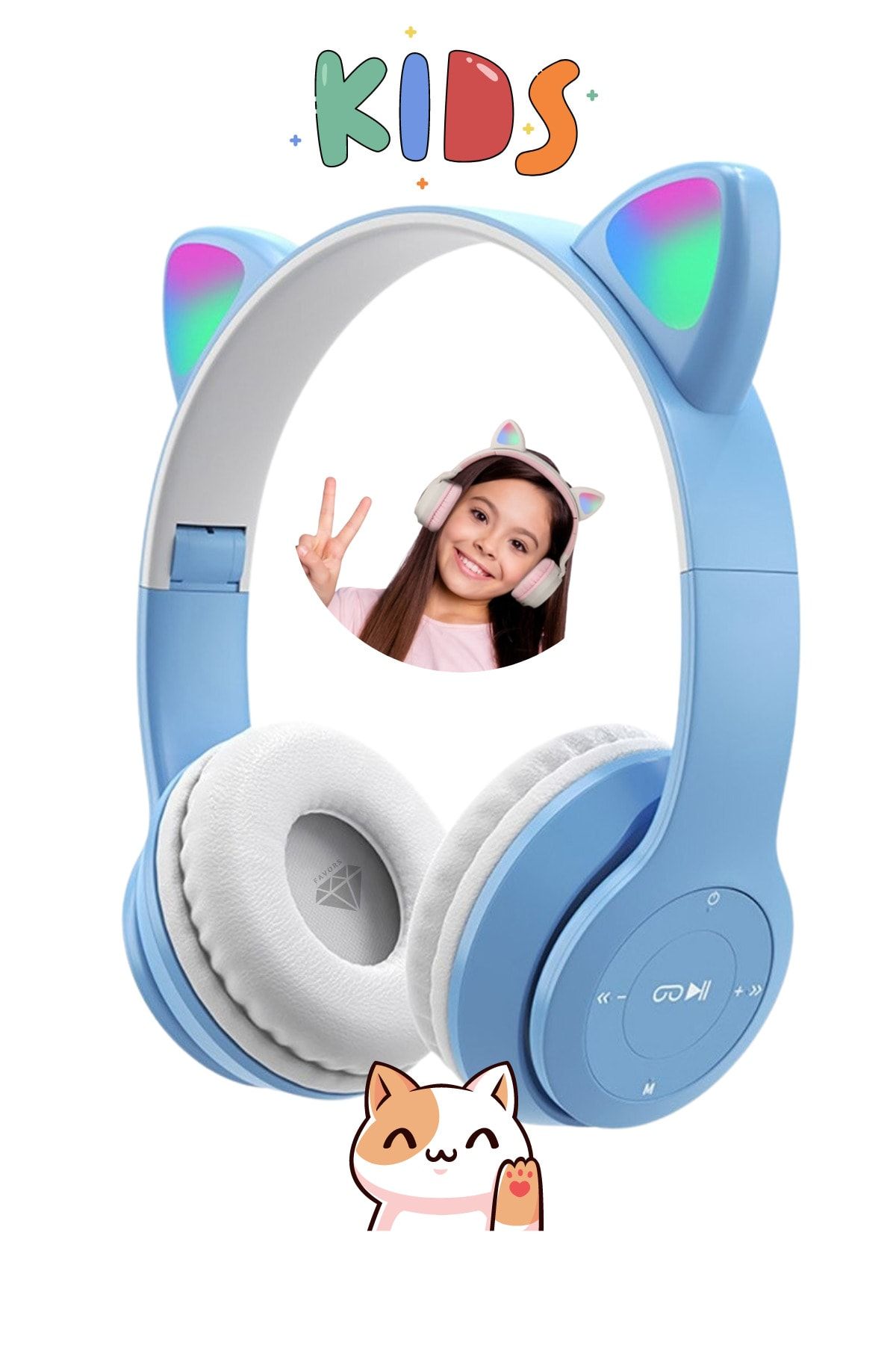 Favors Kedi Kulağı Bluetooth Kablosuz Kulaklık Rengarenk Işıklı Rgb Mavi Çocuk Oyun Kulaklığı Radyolu