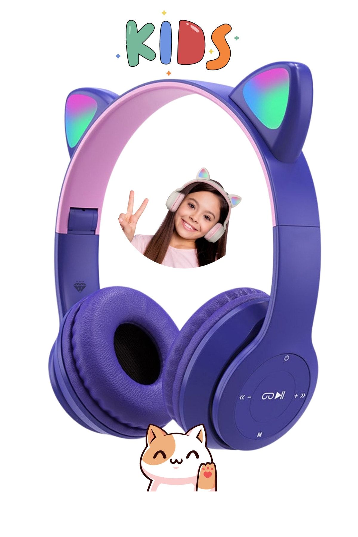 Favors Kedi Kulağı Bluetooth Kablosuz Kulaklık Rengarenk Işıklı Rgb Mor Çocuk Oyun Kulaklığı Radyolu