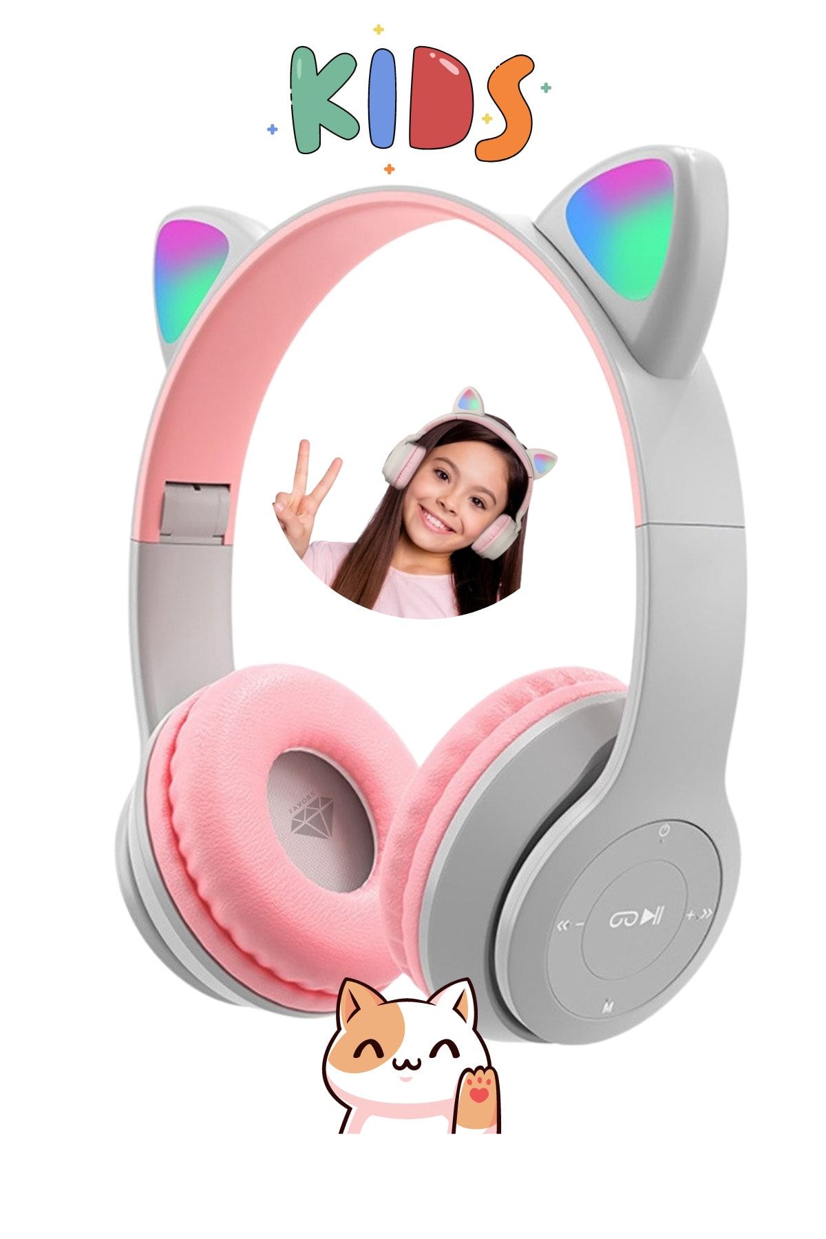 Favors Kedi Kulağı Bluetooth Kablosuz Kulaklık Rengarenk Işıklı Rgb Gri Çocuk Oyun Kulaklığı Radyolu