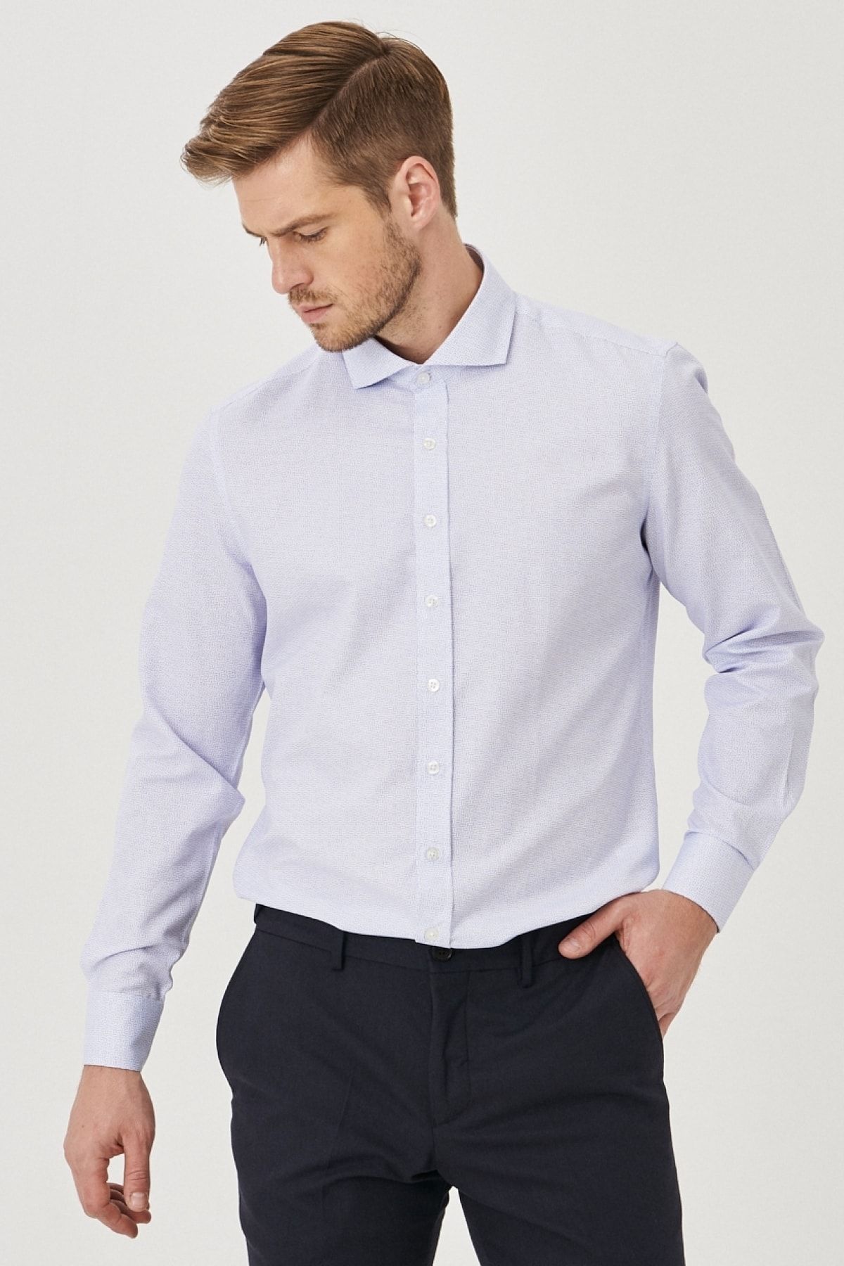 Altınyıldız Classics Erkek Beyaz-mavi Tailored Slim Fit Dar Kesim Italyan Yaka %100 Pamuk Baskılı Gömlek