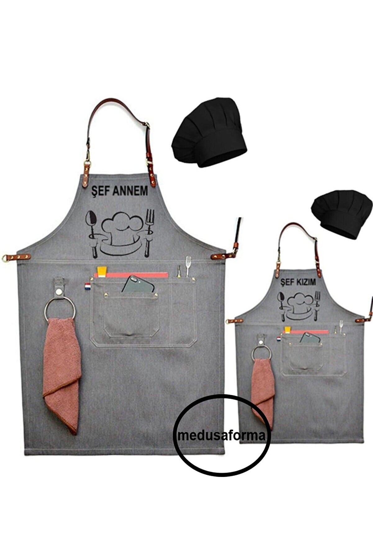 medusaforma Anne Oğul Önlük Takım Çocuk Aşçı Kıyafeti Master Şef Mutfak Önlüğü Chef Şef Önlük Kombinleri - Gri