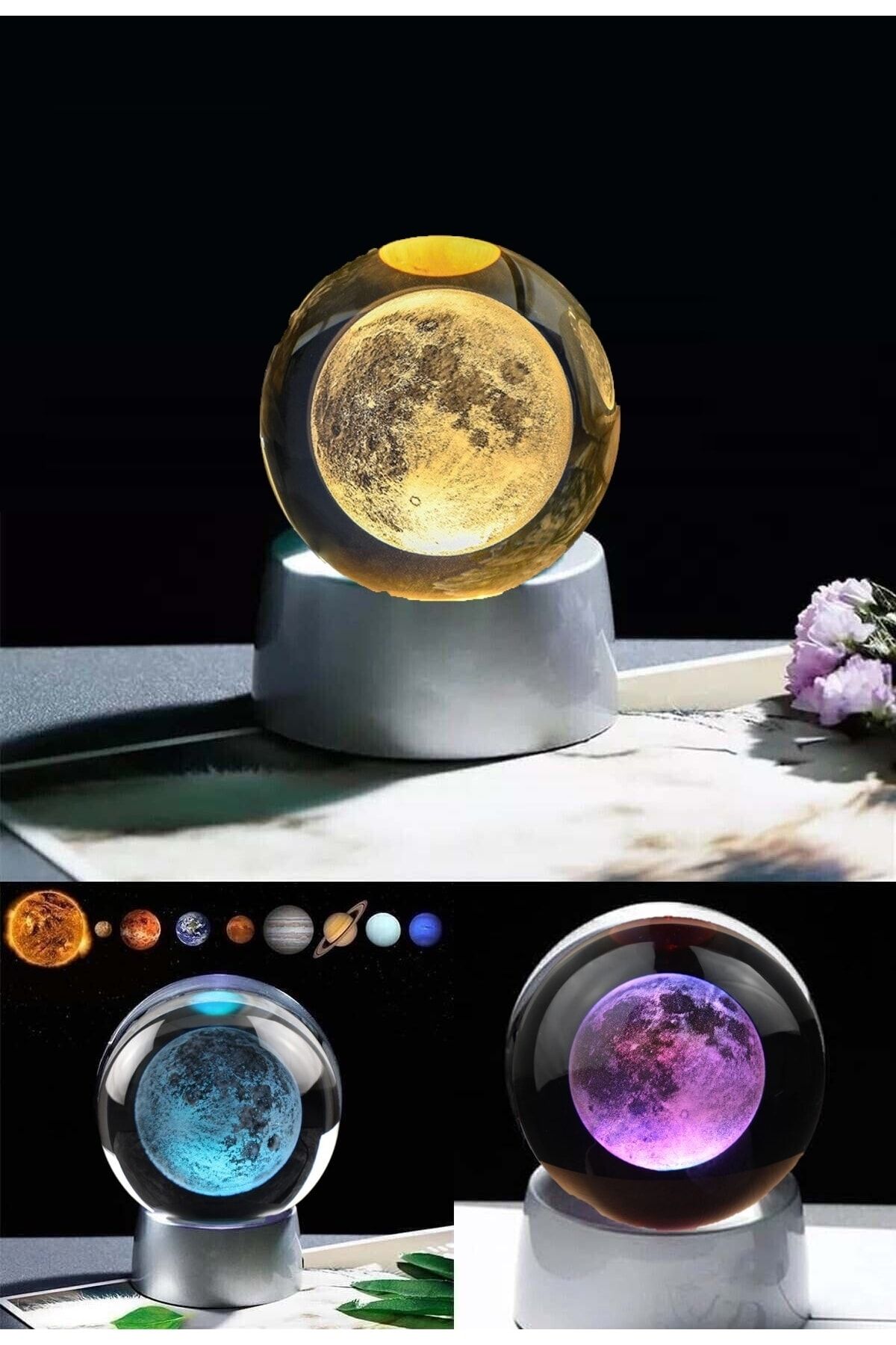 KUZEYPOL Kristal 3d Işıklı Renk Değiştiren Standlı Ay Tasarımı Cam Küre