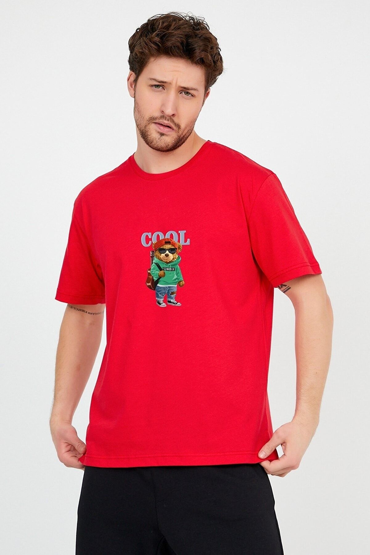 Genel Markalar Erkek Kırmızı Önü Cool Ayıcık Baskılı Bisiklet Yaka Oversize Pamuklu T-shirt
