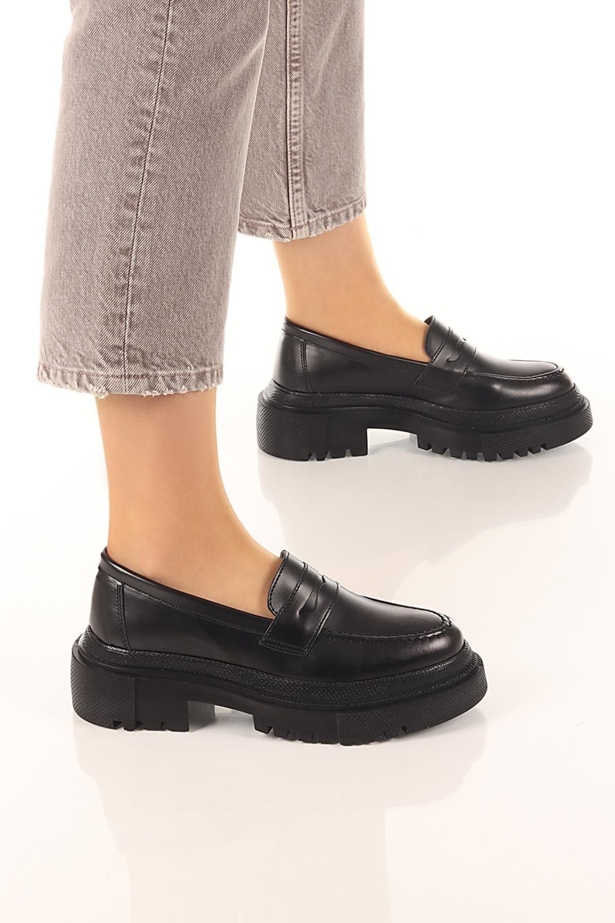 sobay shoes Kadın Loafer Yuvarlak Burun Maskülen Bağcıksız Yüksek Dolgu Taban Oxford Ayakkabı Soby11080001