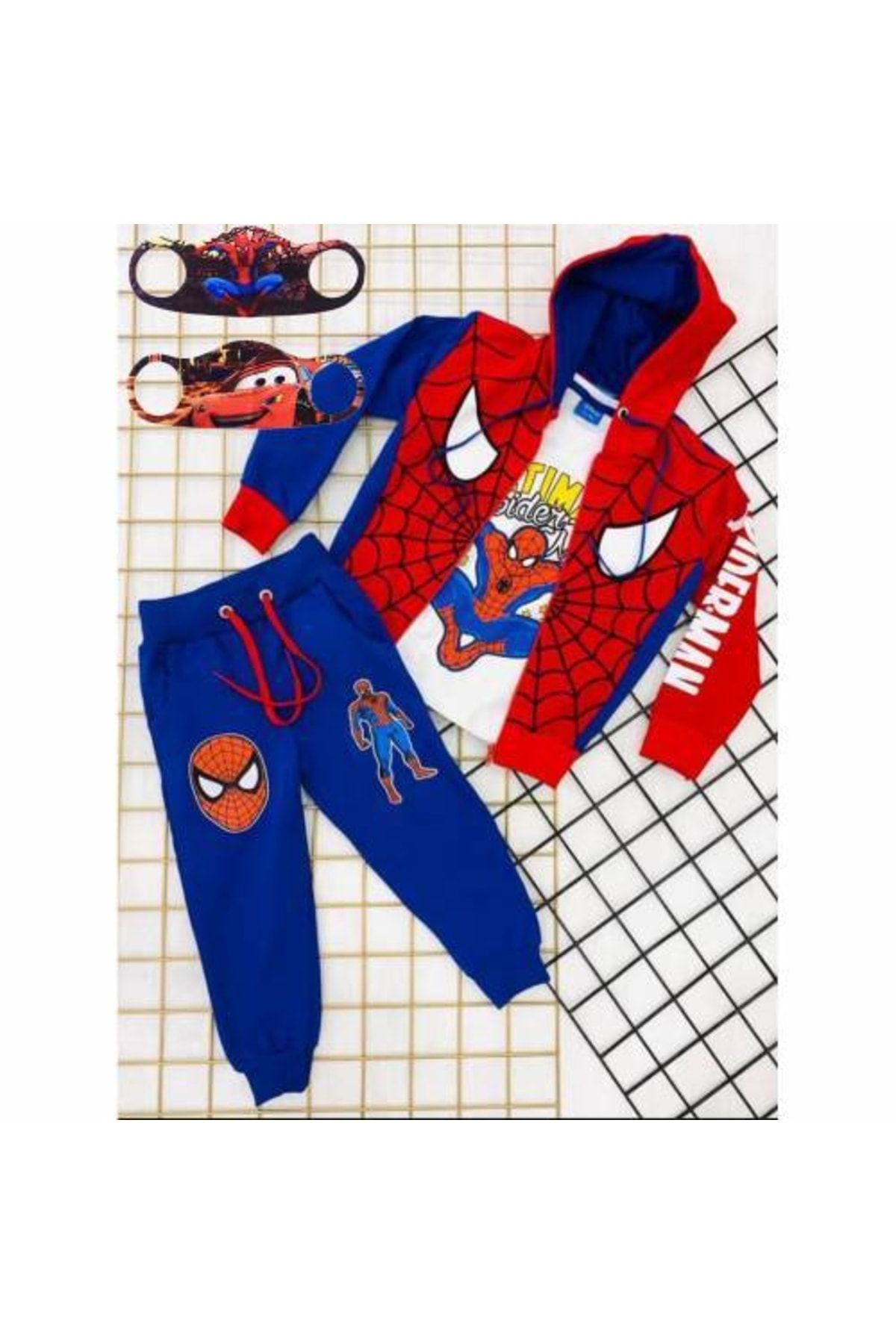 Mashotrend Kapüşonlu 3 Lü Spiderman Örümcek Adam Eşofman Takımı - Erkek Çocuk Eşofman Takımı + 2 Adet Maske