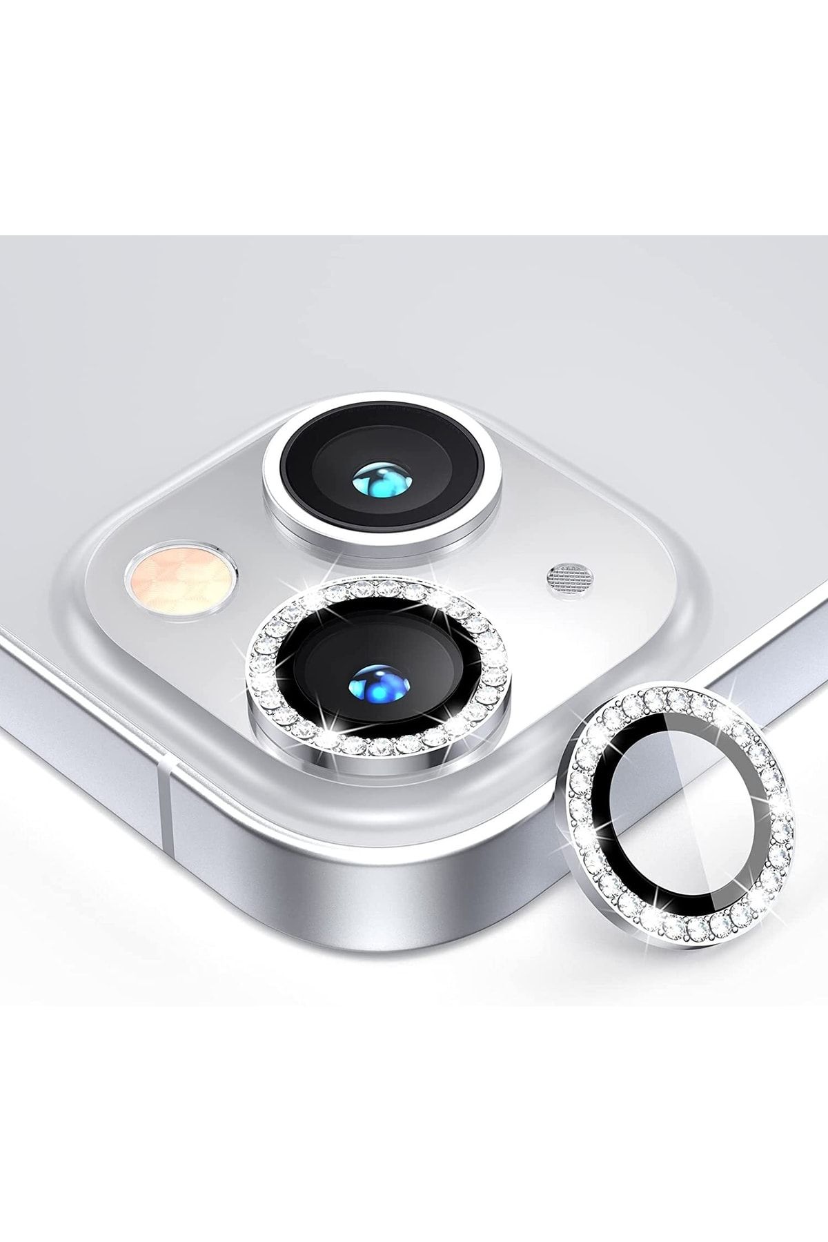 Powerfox İphone 13/13 Mini Uyumlu Swarowski Taşlı Tempered Glass Kamera Lens Koruyucu(2'li Set) Gümüş