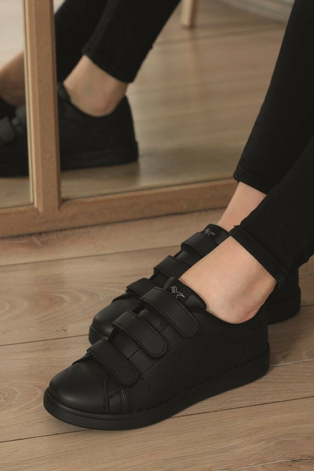 FLY STEP Unisex Siyah Cırtlı Sneaker Ortopedik Günlük Yürüyüş Spor Ayakkabı