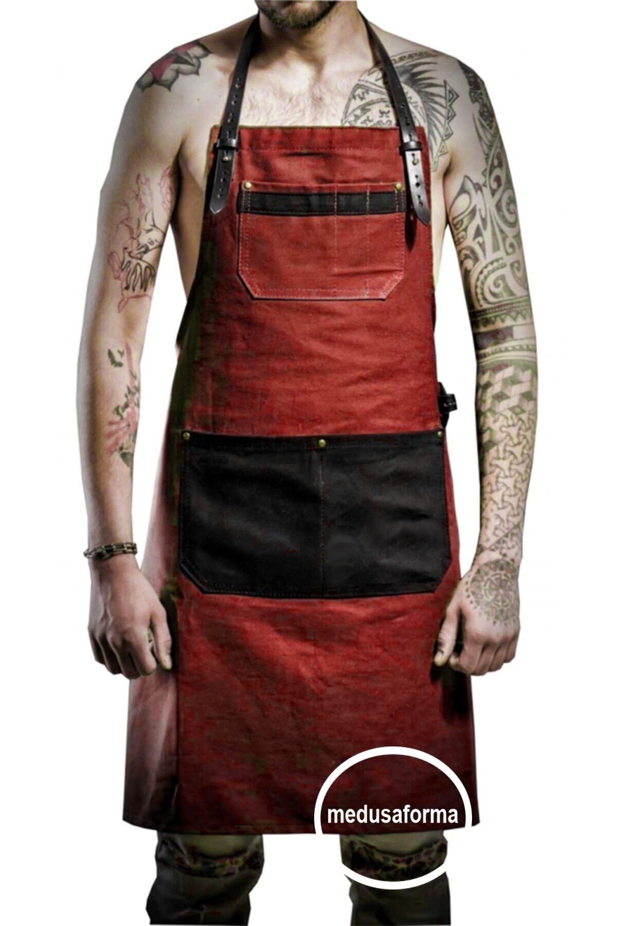 medusaforma Askılı Mutfak Önlüğü Master Chef Cafe Şef Garson Aşçı Kuaför Sanat Tattoo Barista Önlükı - Kırmızı