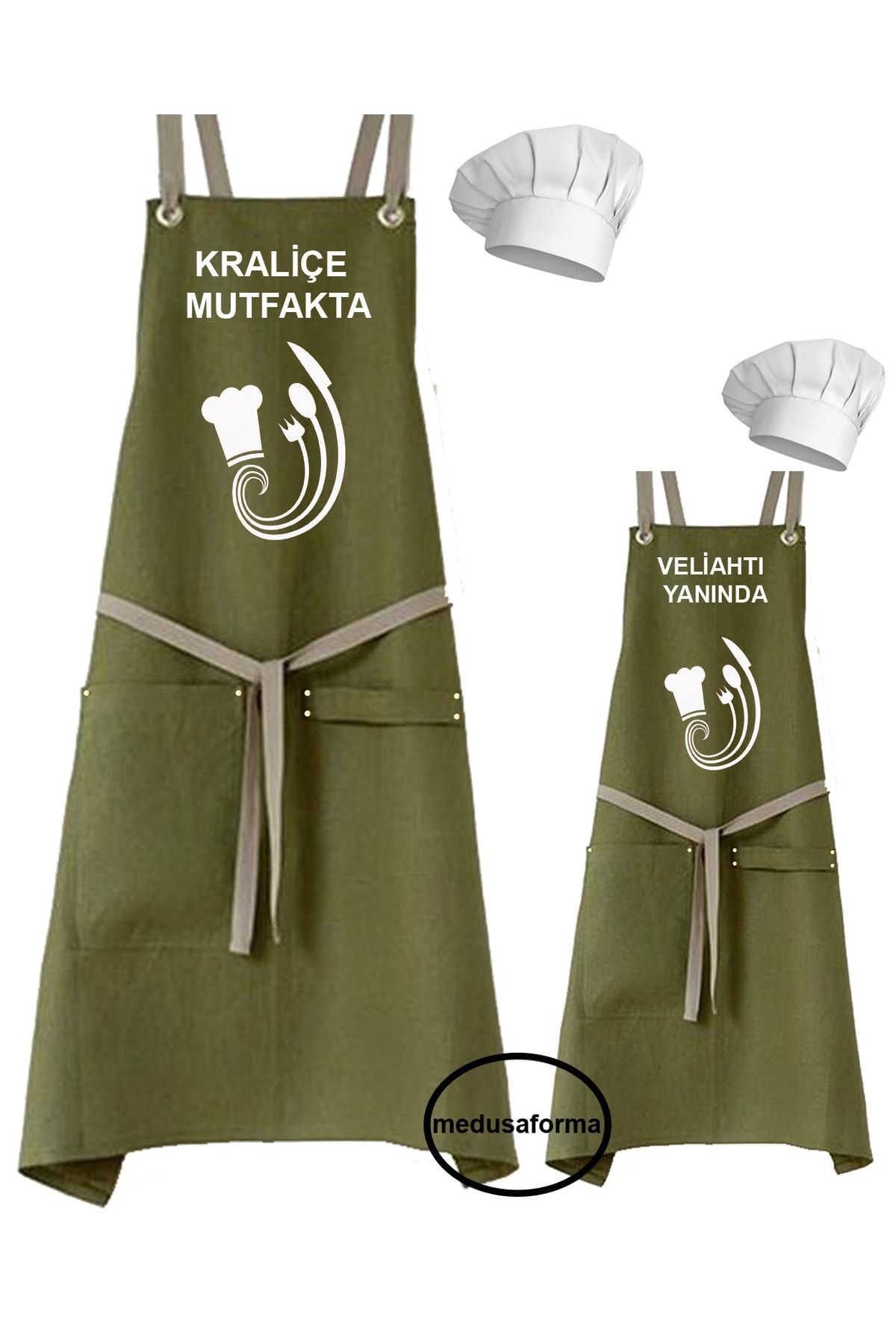 medusaforma Anne - Baba - Çocuk Nakışlı Önlük Kombinleri Aşçı Kıyafeti Master Şef Mutfak Önlüğü Chef Kepli Takım