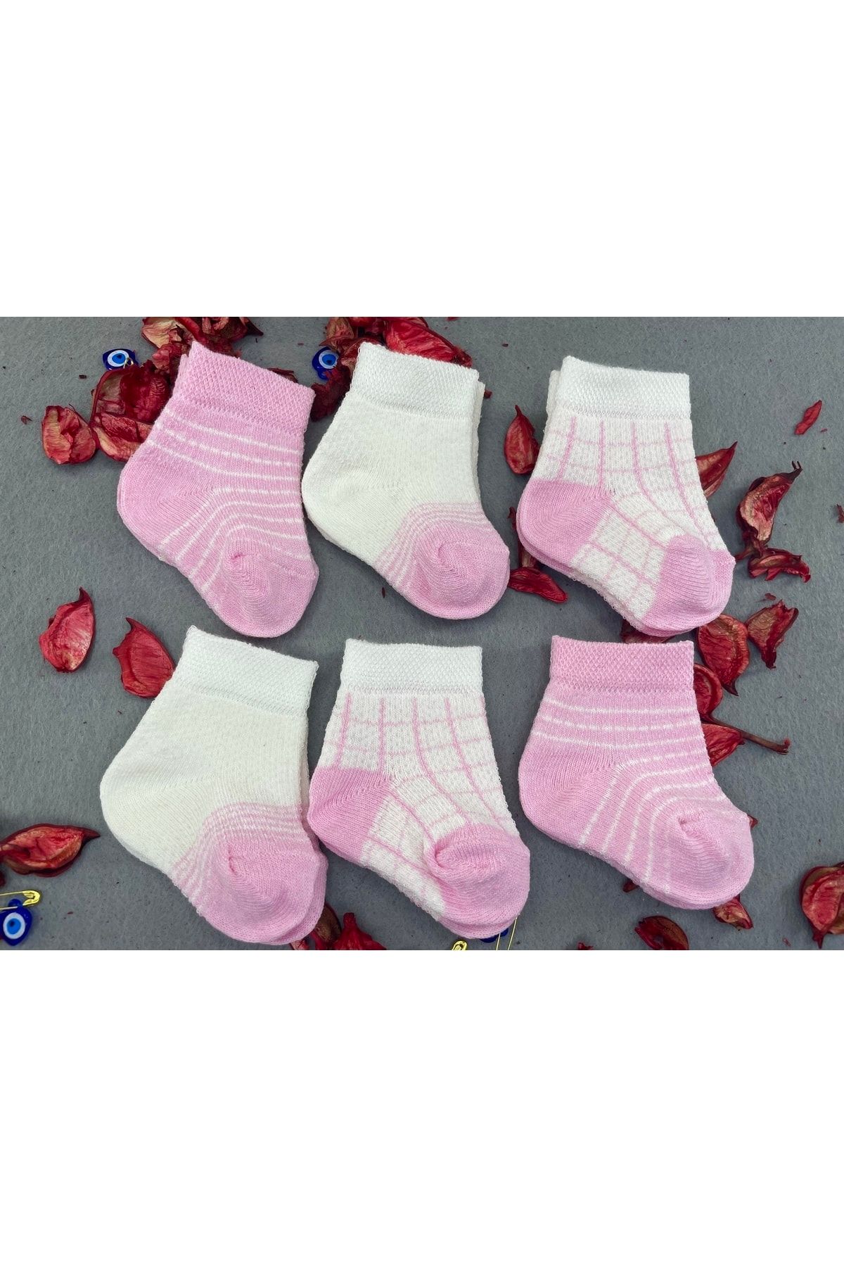 Akface Kare Desenli Pamuklu 6'lı Kız Bebek Çorabı 0-6 Ay