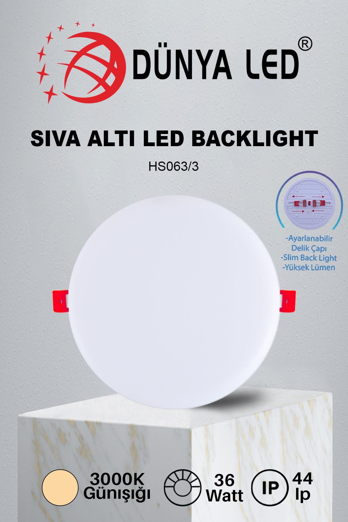 DÜNYA LED Hs.063/3 36w Delik Çapı Ayarlanabilir Sıva Altı Backlıght Panel Spot Lamba 3000k Günışığı
