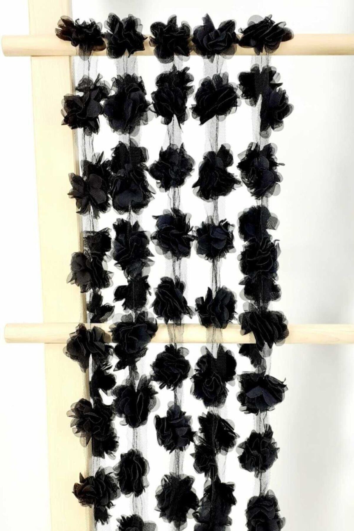 Aker Hediyelik Siyah 1m Gül Lazer Kesim Çiçek 12-13 Adet Organze Tül Kenar Süsü Tekstil Tasarım Kumaşı Yapay Süs