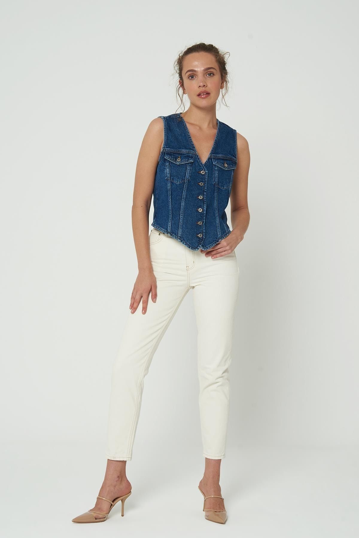 CROSS JEANS Ariana Ekru Yüksek Bel Mom Fit Fermuarlı Jean Pantolon C 4525-091