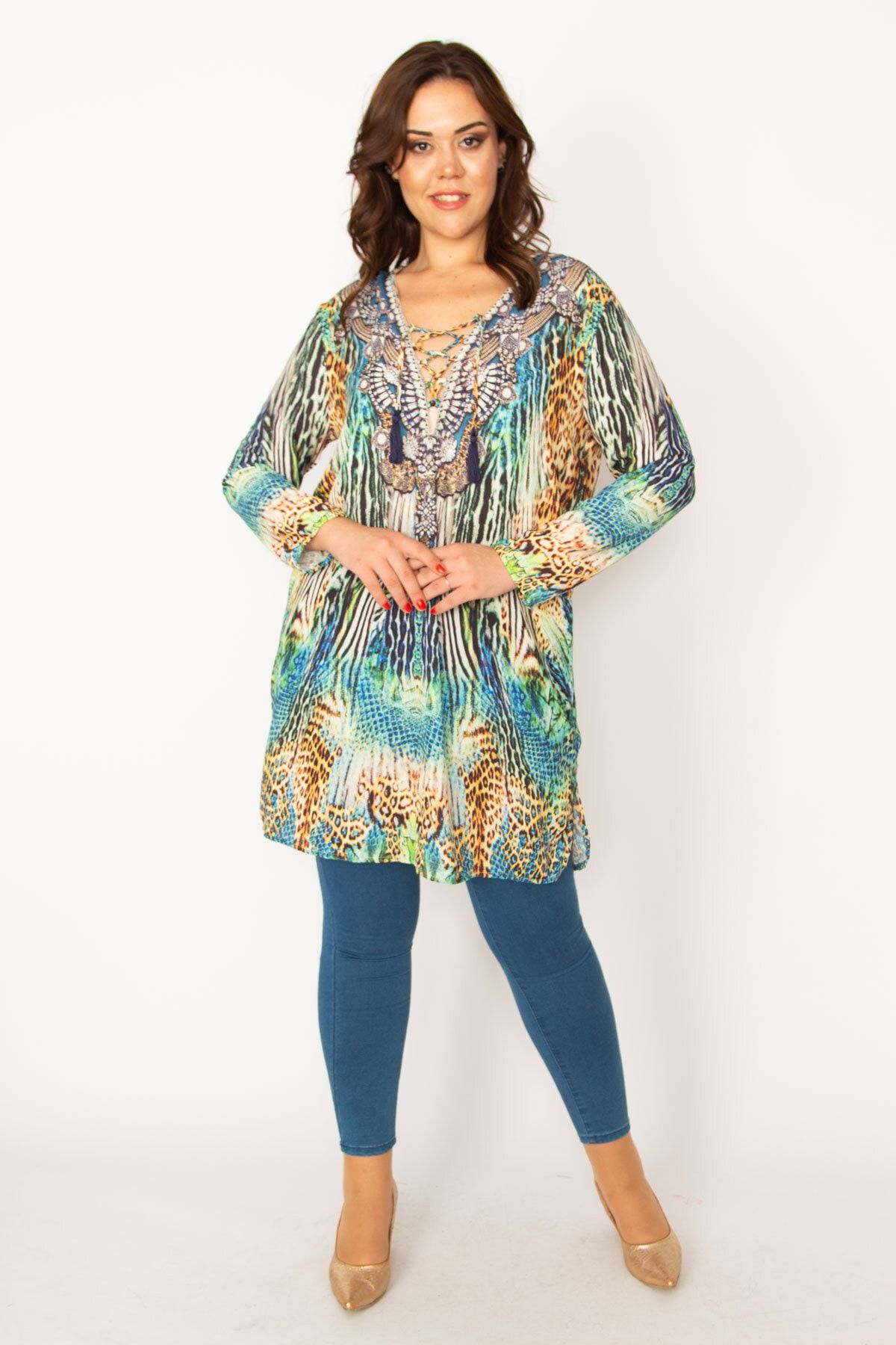 Şans Kadın Büyük Beden Renkli V Yakalı Şifon Tunik Elbise 65n33470