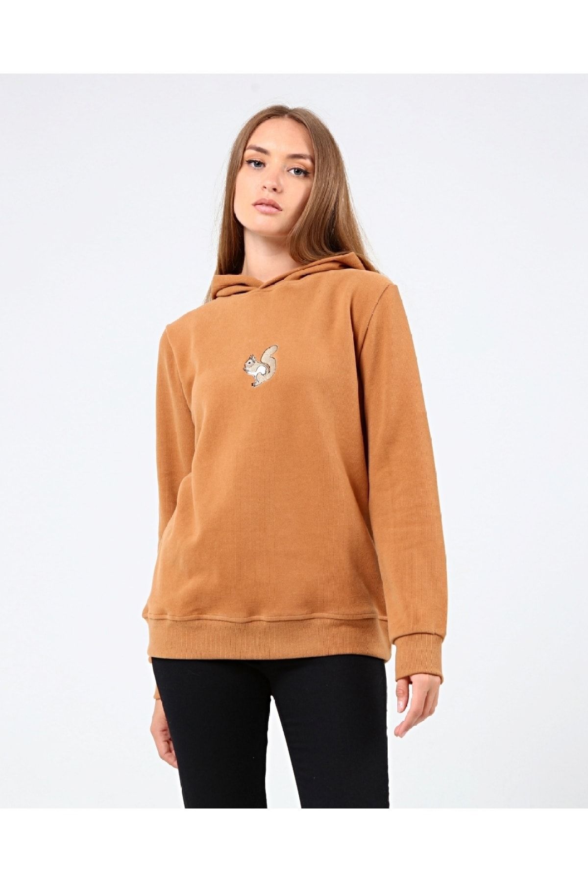 GENIUS STORE Store Kadın Selanik Outdoor Kapşonlu Sweatshirt Nakış Işlemeli Günlük Spor Sweatshirt